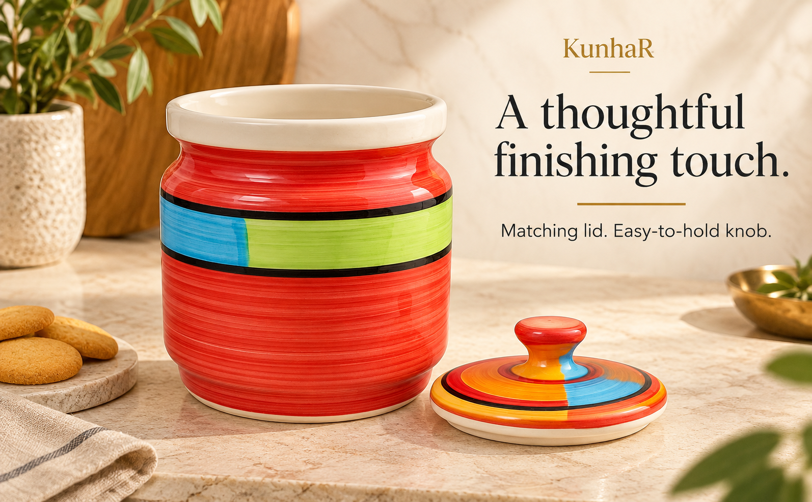 Kunhar Ceramic Jars (1000 ML) – Handcrafted Multipurpose Barni with Lid for Pickle, Chutney, Spices, Salt, Sugar – Kitchen Storage Containers, Red — form