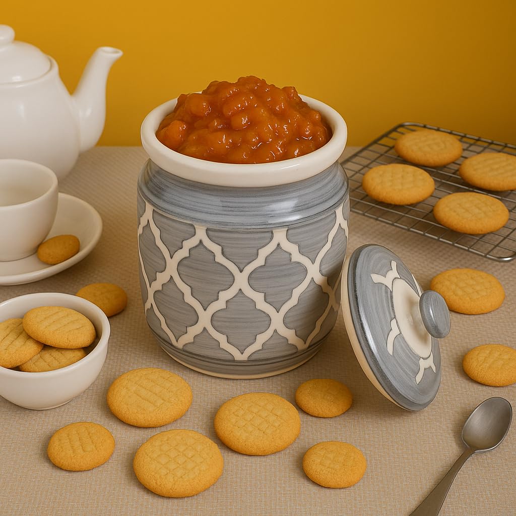 Kunhar Ceramic Jars (1000 ML) – Handcrafted Multipurpose Barni with Lid for Pickle, Chutney, Spices, Salt, Sugar – Kitchen Storage Containers, Grey Umrao — product view 3