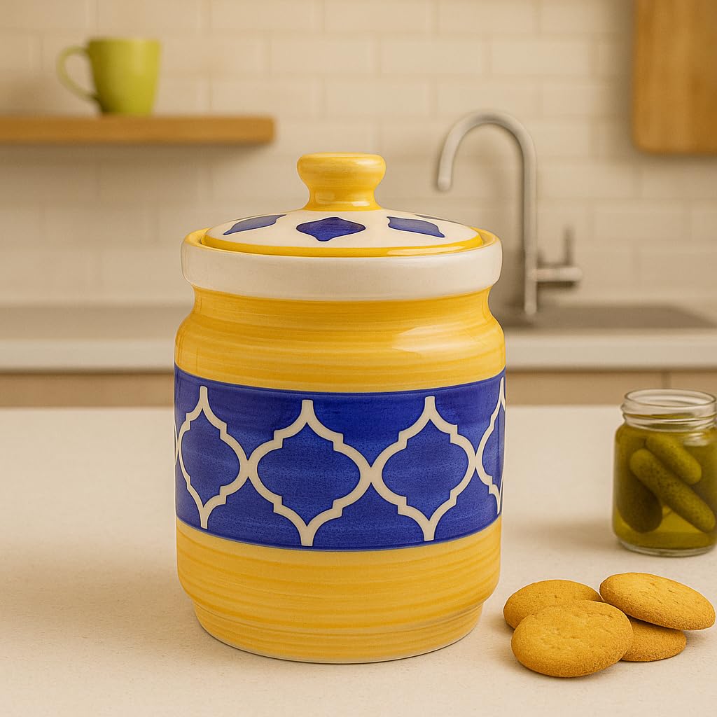 Kunhar Ceramic Jars (1000 ML) – Handcrafted Multipurpose Barni with Lid for Pickle, Chutney, Spices, Salt, Sugar – Kitchen Storage Containers, Yellow Blue