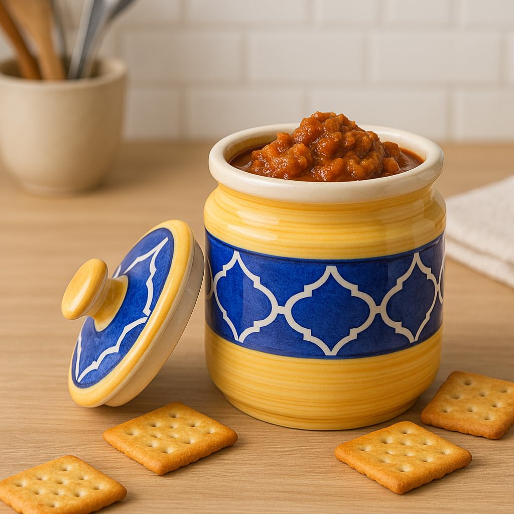 Kunhar Ceramic Jars (1000 ML) – Handcrafted Multipurpose Barni with Lid for Pickle, Chutney, Spices, Salt, Sugar – Kitchen Storage Containers, Yellow Blue - Image 2