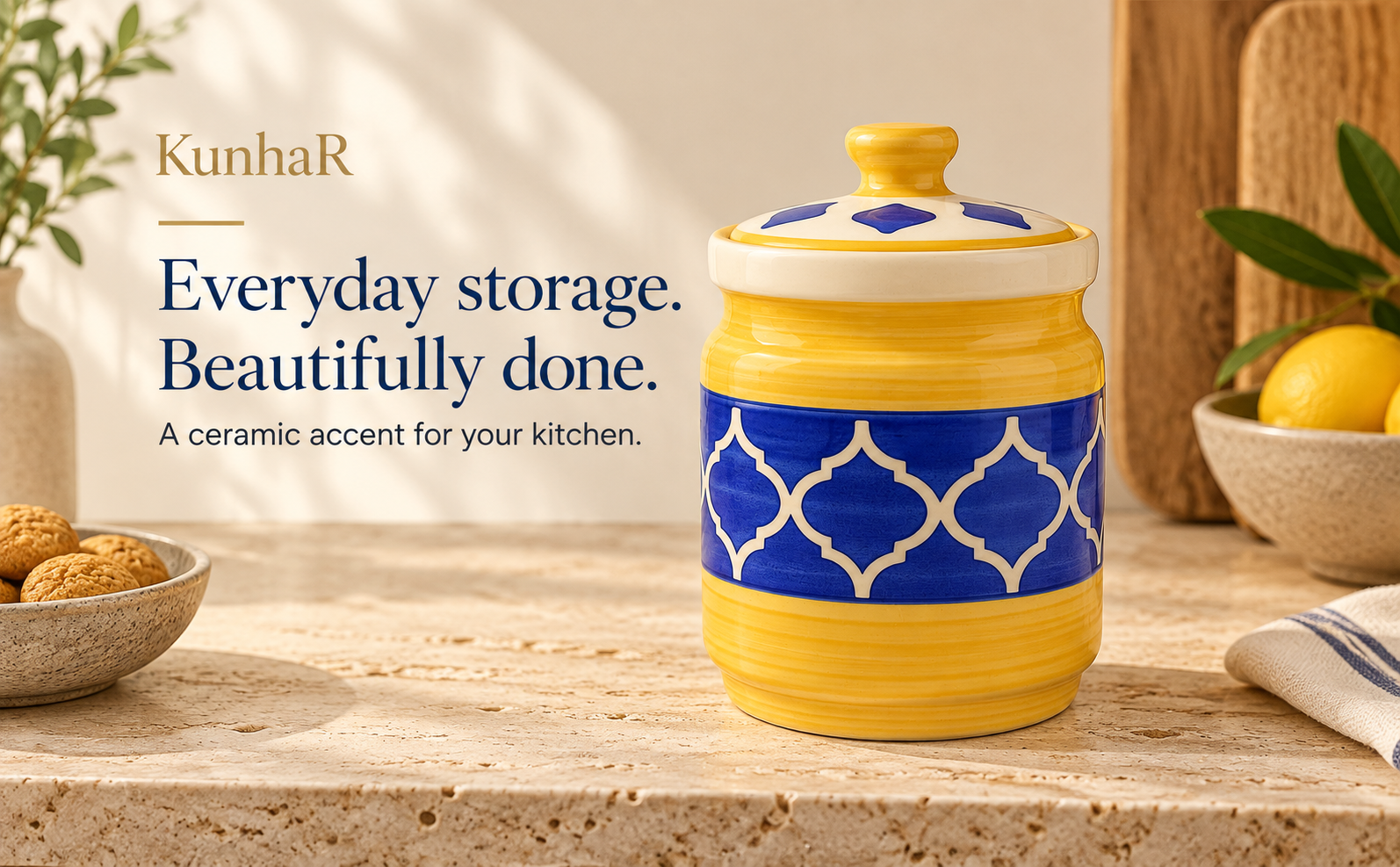 Kunhar Ceramic Jars (1000 ML) – Handcrafted Multipurpose Barni with Lid for Pickle, Chutney, Spices, Salt, Sugar – Kitchen Storage Containers, Yellow Blue — hero