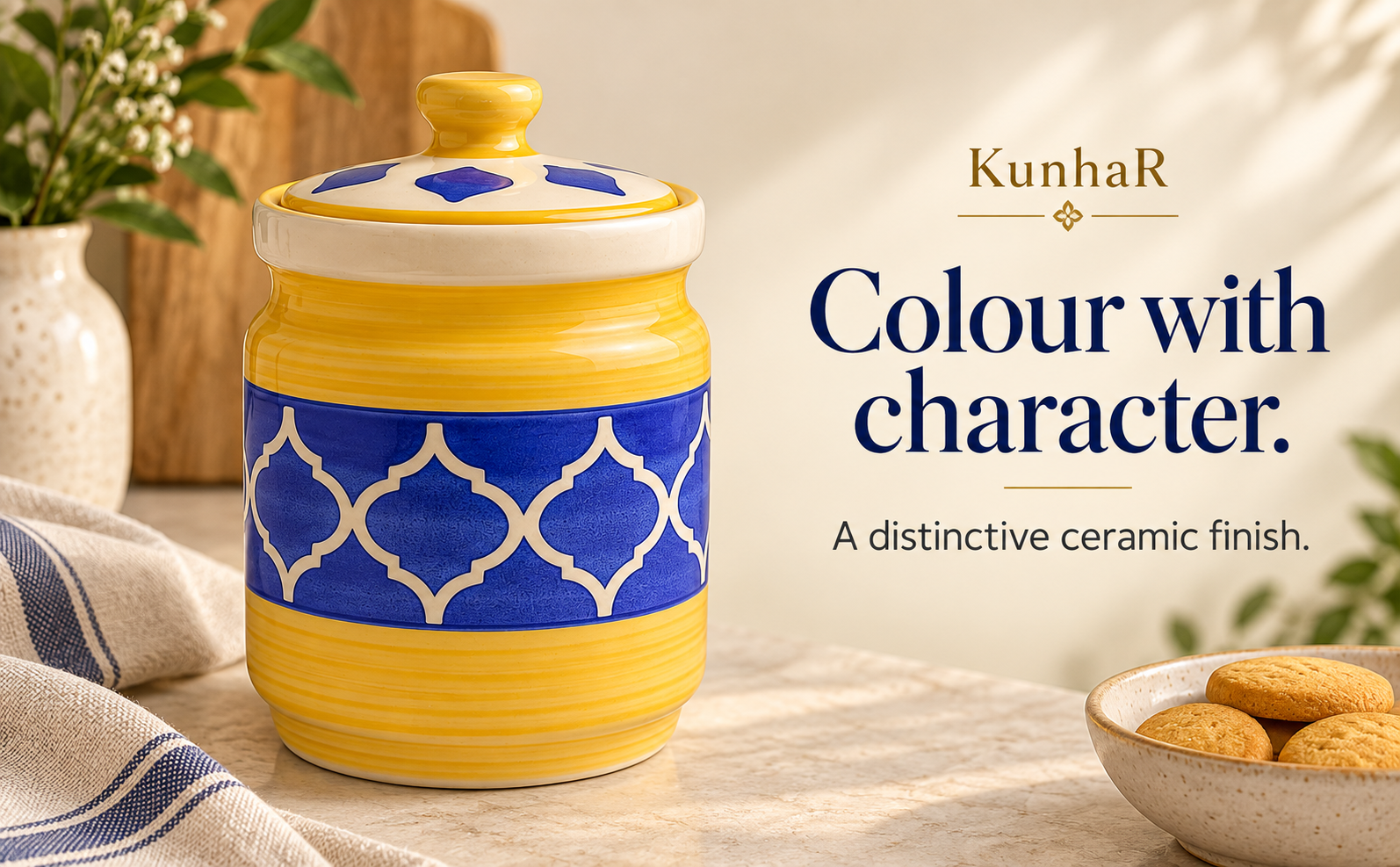 Kunhar Ceramic Jars (1000 ML) – Handcrafted Multipurpose Barni with Lid for Pickle, Chutney, Spices, Salt, Sugar – Kitchen Storage Containers, Yellow Blue — finish