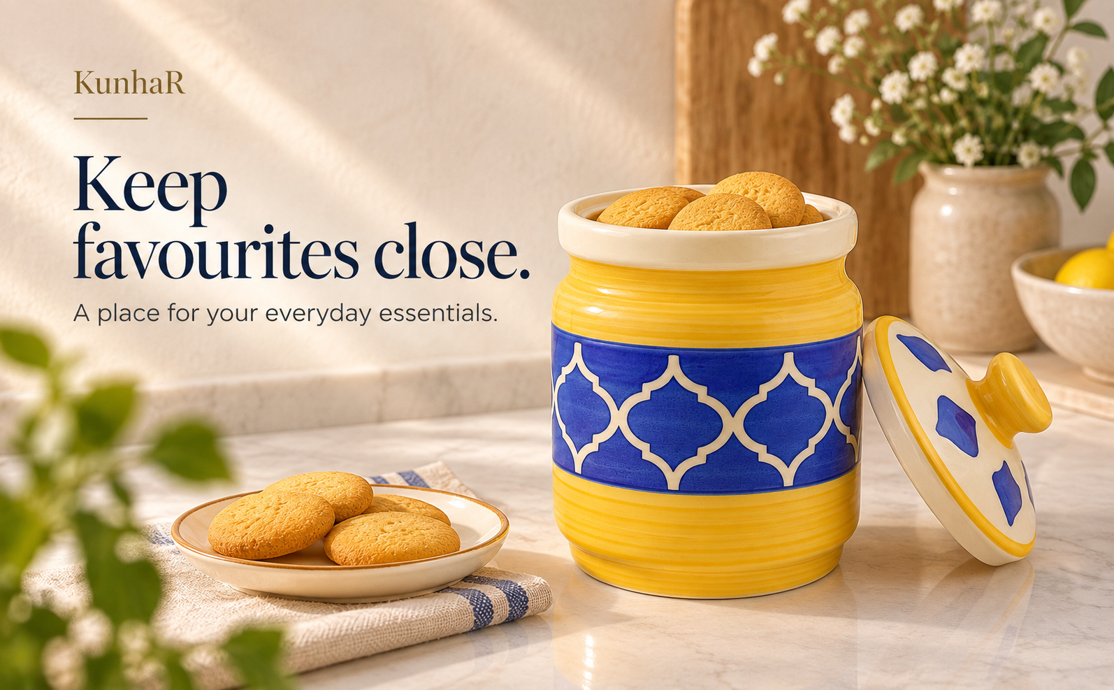 Kunhar Ceramic Jars (1000 ML) – Handcrafted Multipurpose Barni with Lid for Pickle, Chutney, Spices, Salt, Sugar – Kitchen Storage Containers, Yellow Blue — store
