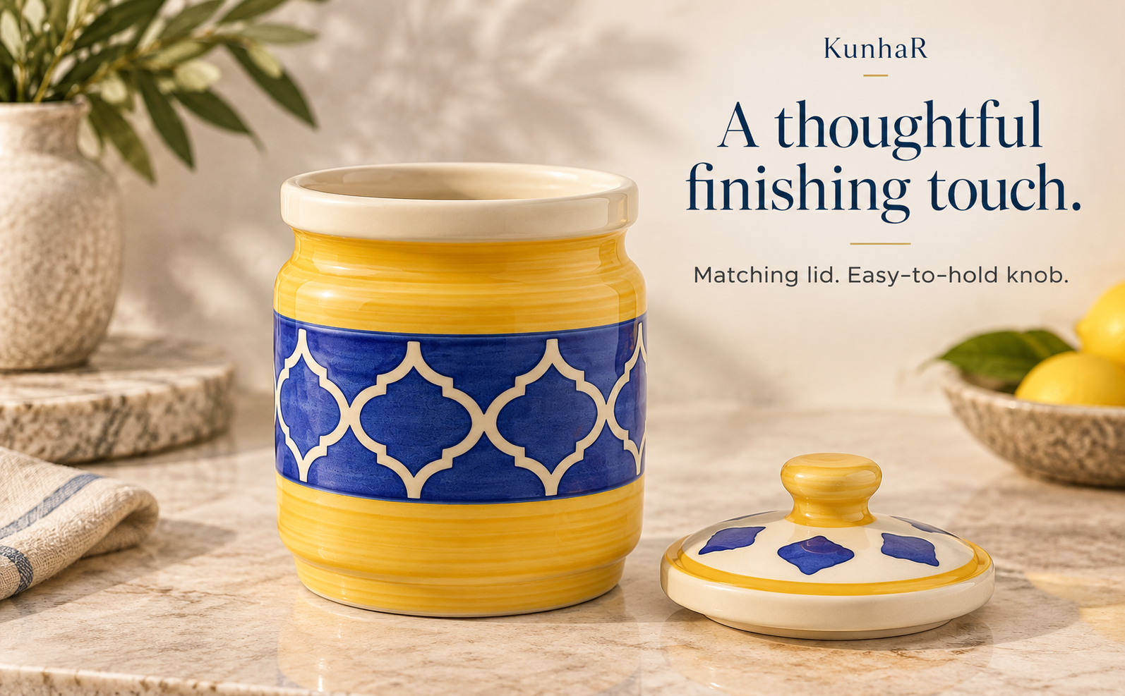 Kunhar Ceramic Jars (1000 ML) – Handcrafted Multipurpose Barni with Lid for Pickle, Chutney, Spices, Salt, Sugar – Kitchen Storage Containers, Yellow Blue — form