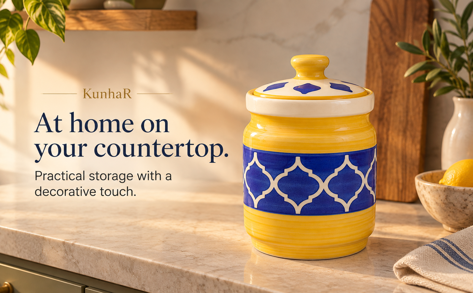 Kunhar Ceramic Jars (1000 ML) – Handcrafted Multipurpose Barni with Lid for Pickle, Chutney, Spices, Salt, Sugar – Kitchen Storage Containers, Yellow Blue — home