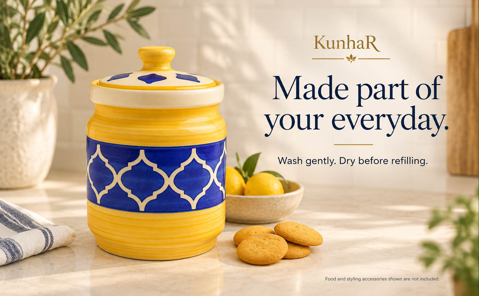 Kunhar Ceramic Jars (1000 ML) – Handcrafted Multipurpose Barni with Lid for Pickle, Chutney, Spices, Salt, Sugar – Kitchen Storage Containers, Yellow Blue — care