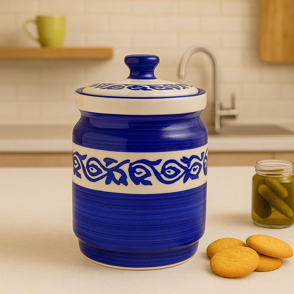 Kunhar Ceramic Jars 1000 ML Handcrafted Multipurpose Barni Lid Pickle Chutney Spices Salt Sugar Kitchen Storage Containers Blue Vine — product view 1