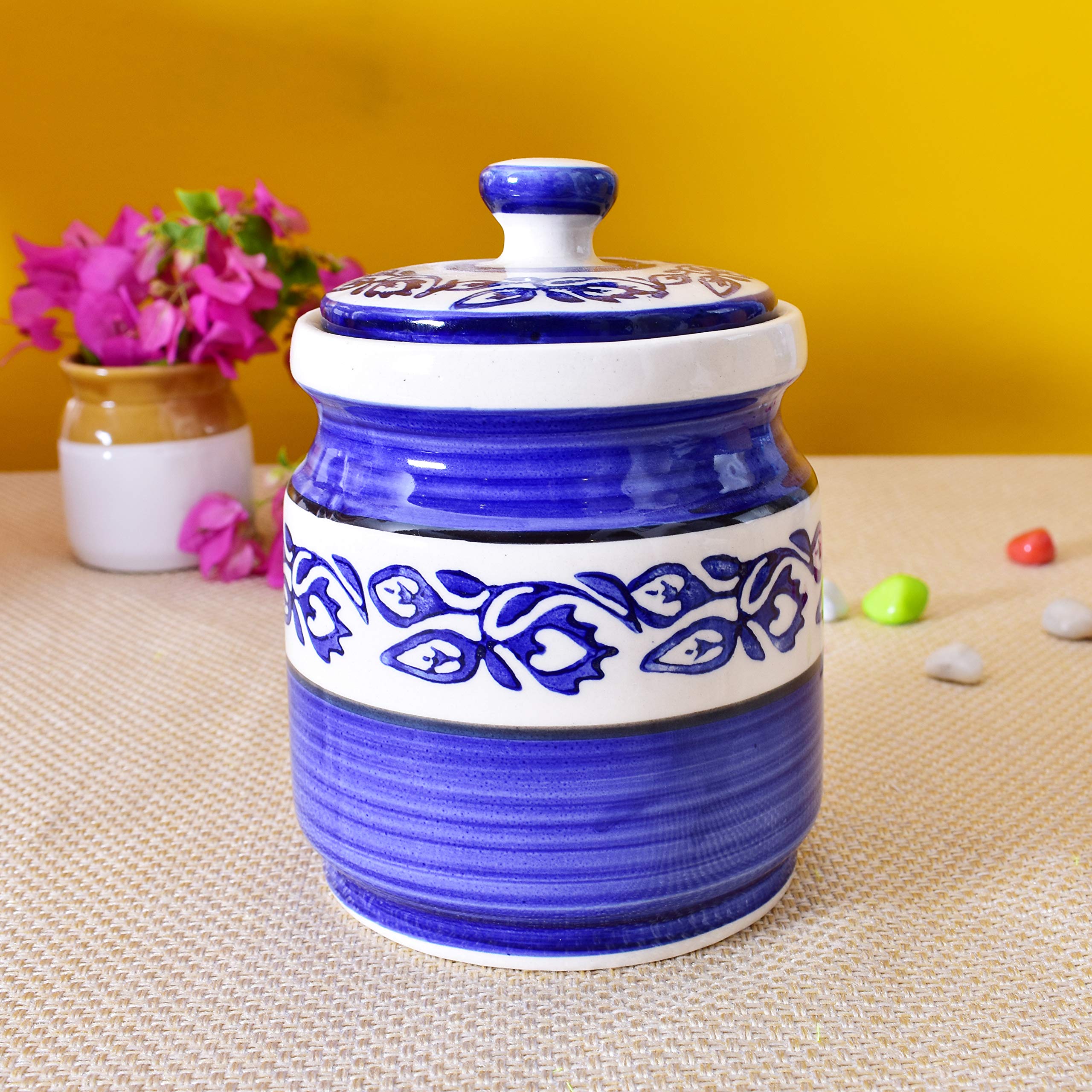 Kunhar Ceramic Jars 1000 ML Handcrafted Multipurpose Barni Lid Pickle Chutney Spices Salt Sugar Kitchen Storage Containers Blue Vine — product view 3