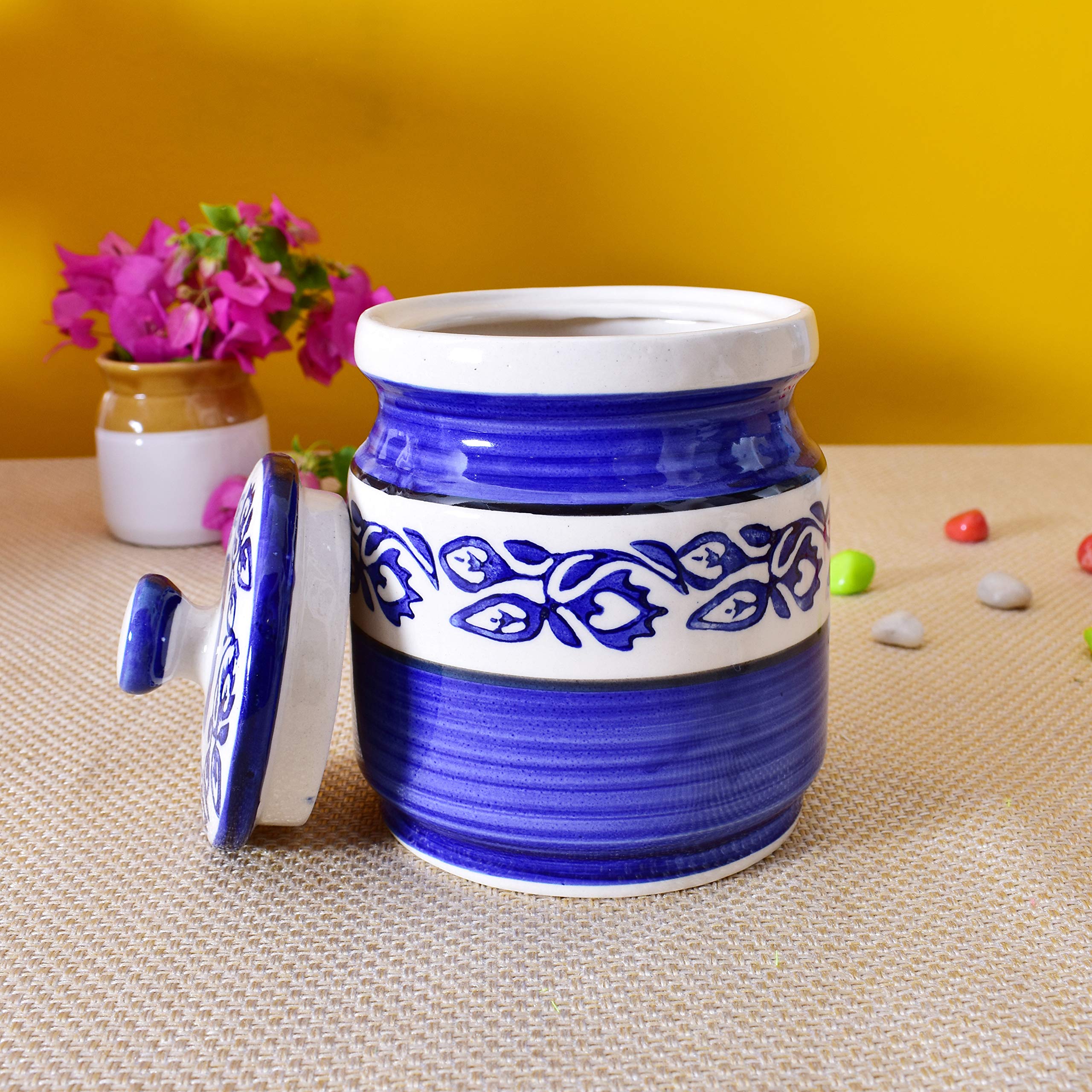 Kunhar Ceramic Jars 1000 ML Handcrafted Multipurpose Barni Lid Pickle Chutney Spices Salt Sugar Kitchen Storage Containers Blue Vine — product view 4