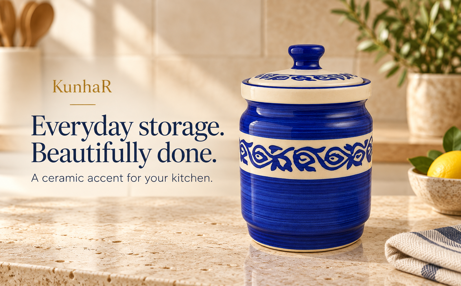 Kunhar Ceramic Jars 1000 ML Handcrafted Multipurpose Barni Lid Pickle Chutney Spices Salt Sugar Kitchen Storage Containers Blue Vine — hero