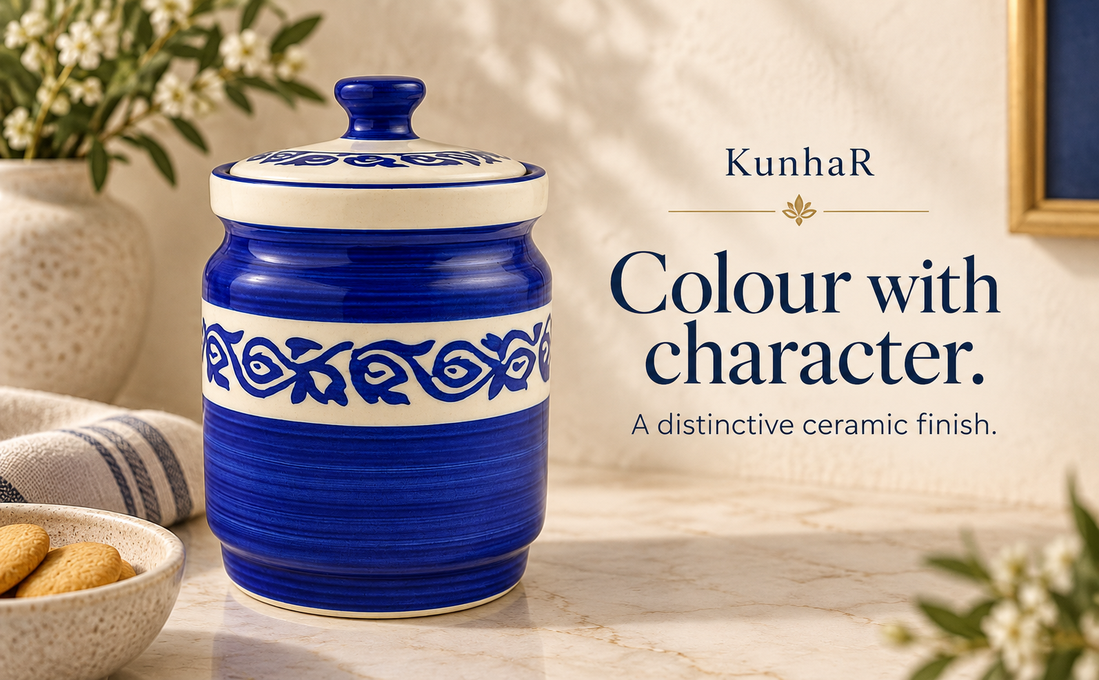 Kunhar Ceramic Jars 1000 ML Handcrafted Multipurpose Barni Lid Pickle Chutney Spices Salt Sugar Kitchen Storage Containers Blue Vine — finish
