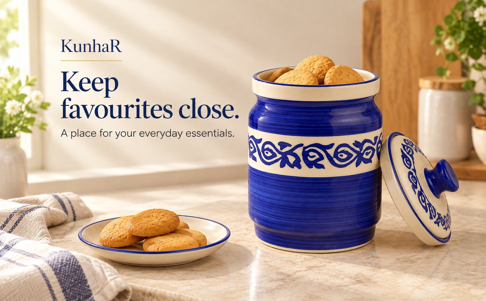 Kunhar Ceramic Jars 1000 ML Handcrafted Multipurpose Barni Lid Pickle Chutney Spices Salt Sugar Kitchen Storage Containers Blue Vine — store