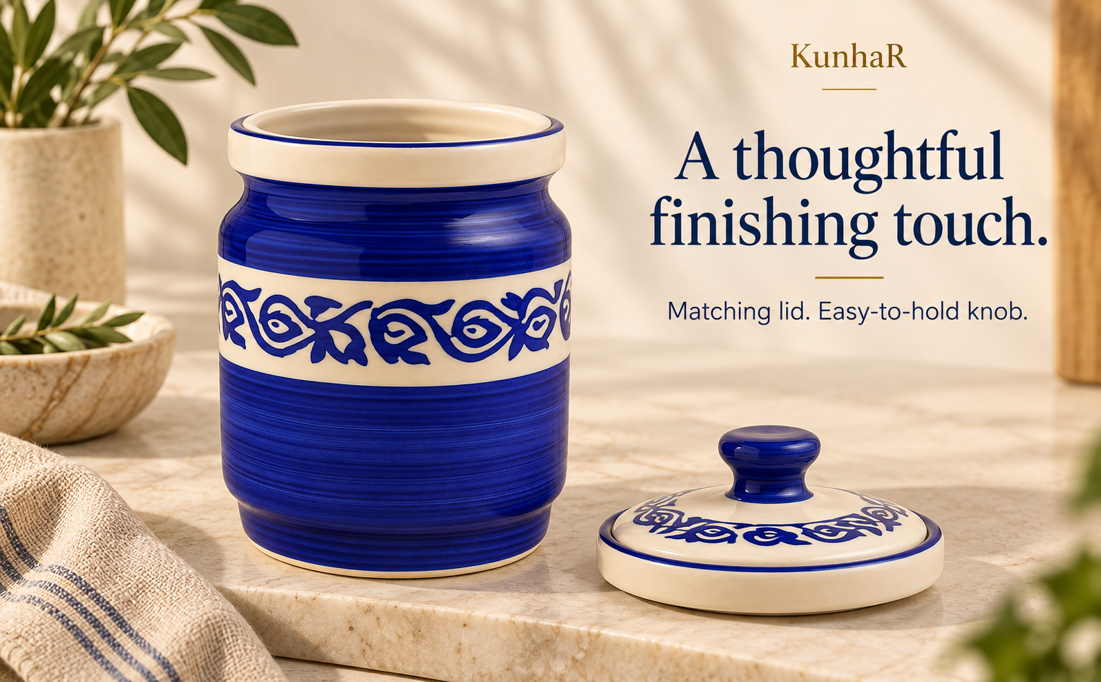 Kunhar Ceramic Jars 1000 ML Handcrafted Multipurpose Barni Lid Pickle Chutney Spices Salt Sugar Kitchen Storage Containers Blue Vine — form