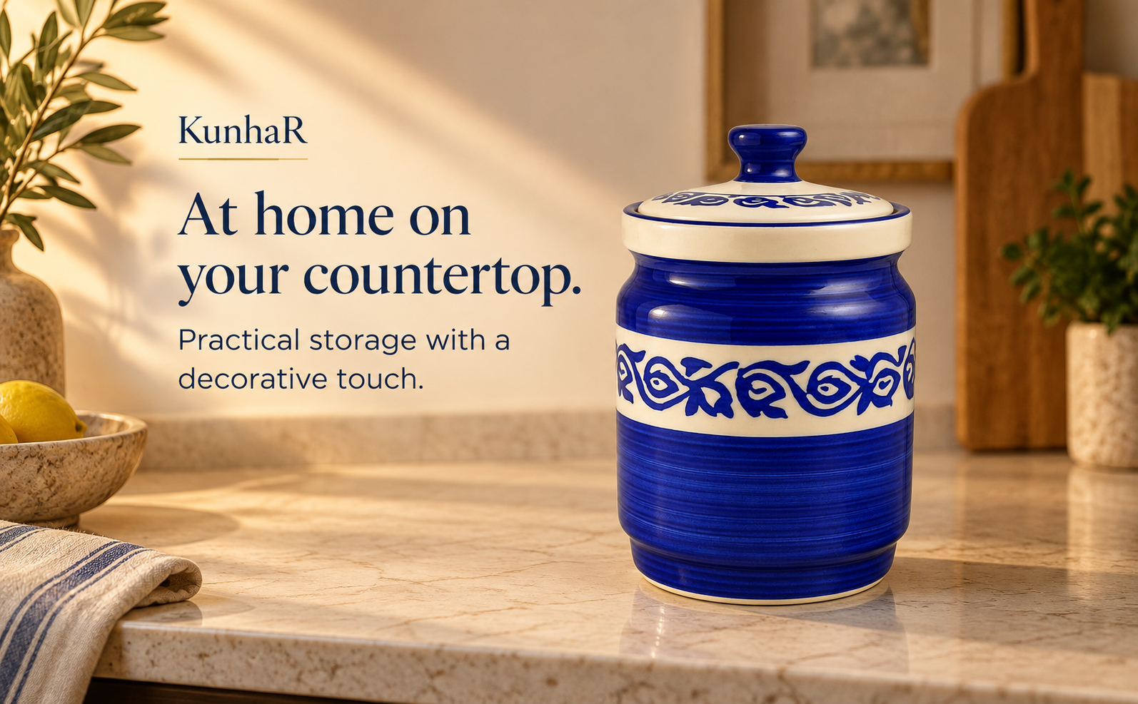 Kunhar Ceramic Jars 1000 ML Handcrafted Multipurpose Barni Lid Pickle Chutney Spices Salt Sugar Kitchen Storage Containers Blue Vine — home