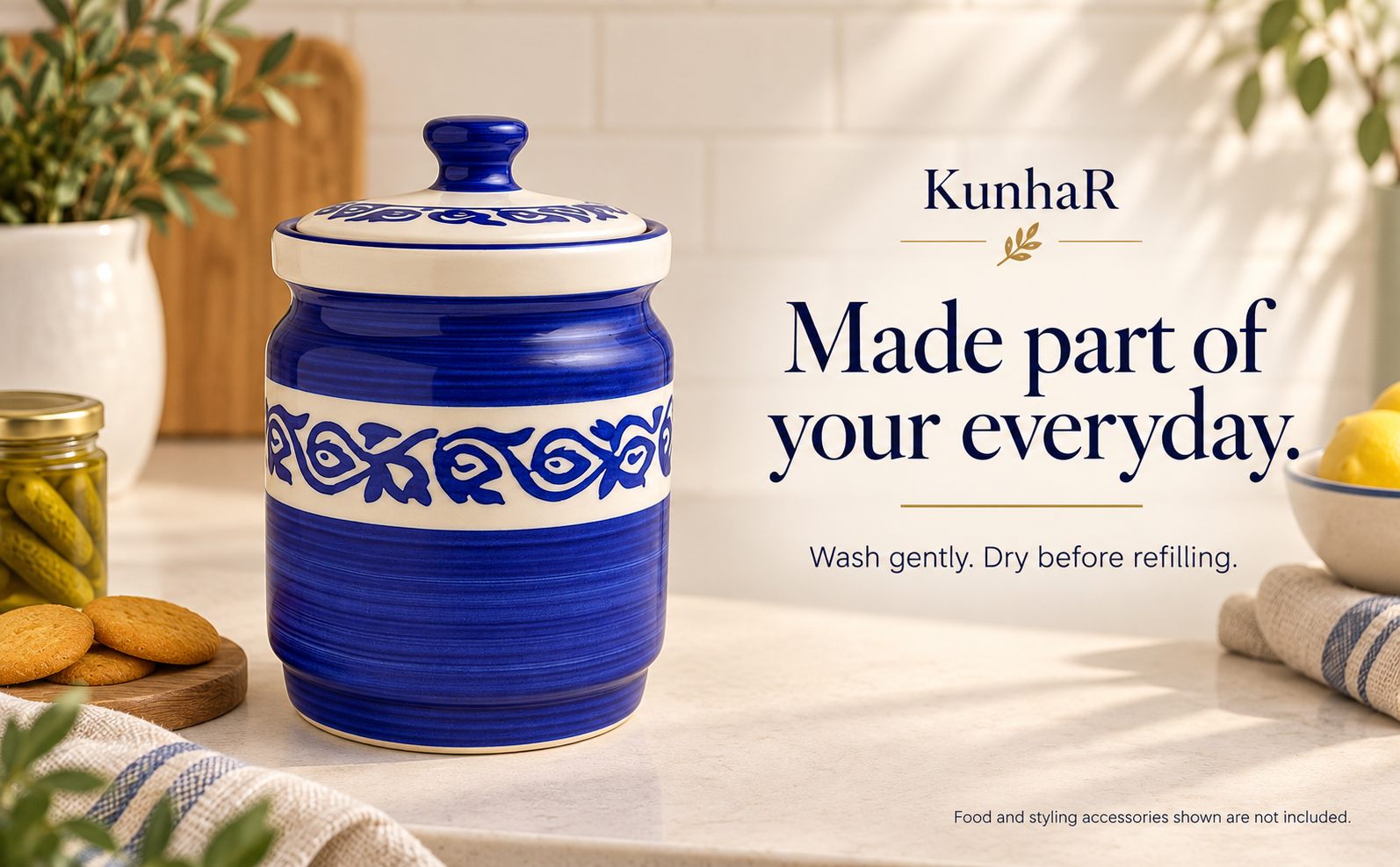 Kunhar Ceramic Jars 1000 ML Handcrafted Multipurpose Barni Lid Pickle Chutney Spices Salt Sugar Kitchen Storage Containers Blue Vine — care