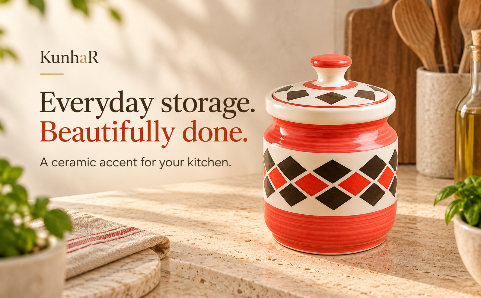 Kunhar Ceramic Jars (1000 ML) – Handcrafted Multipurpose Barni with Lid for Pickle, Chutney, Spices, Salt, Sugar – Kitchen Storage Containers, Red Brick — hero