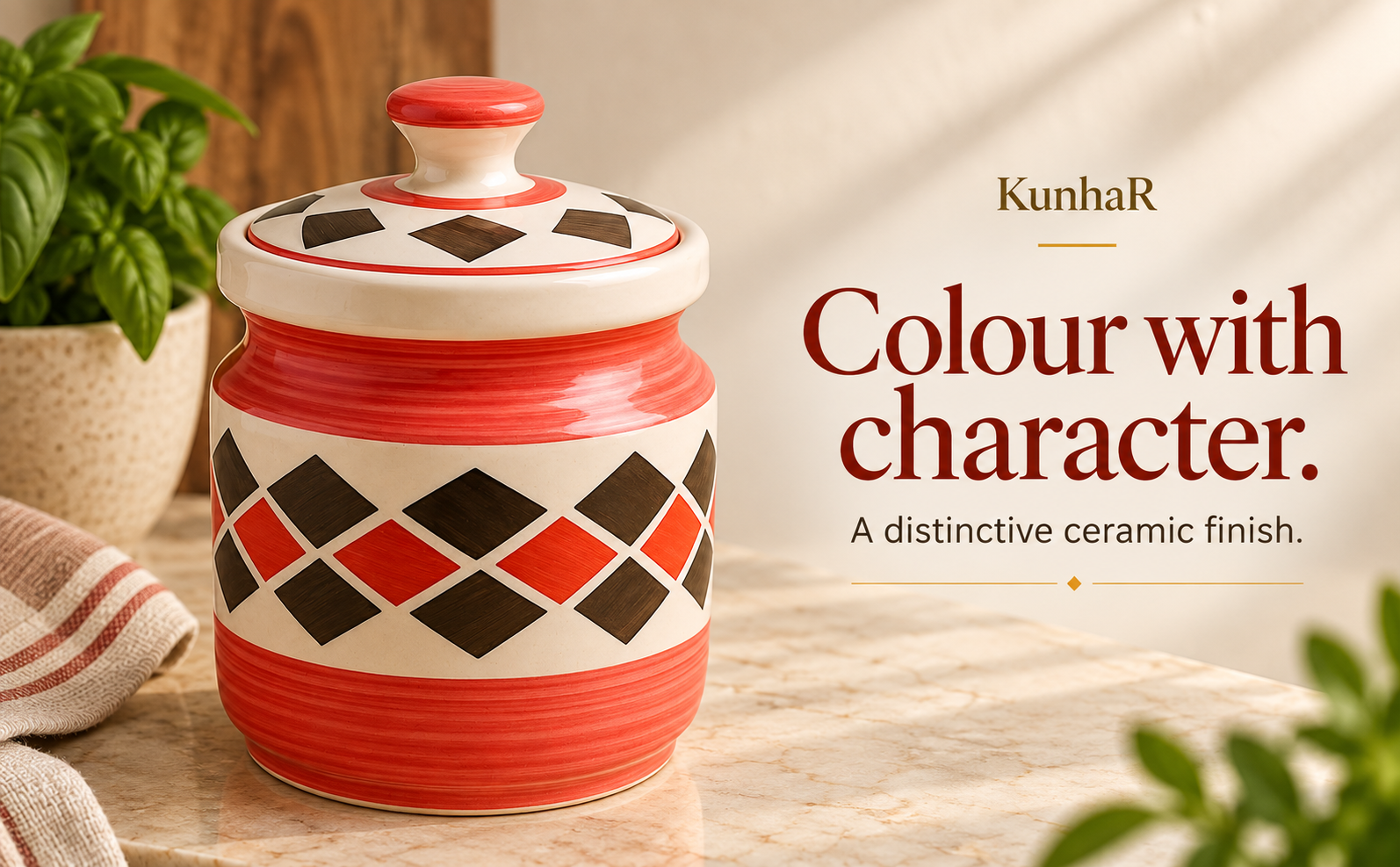 Kunhar Ceramic Jars (1000 ML) – Handcrafted Multipurpose Barni with Lid for Pickle, Chutney, Spices, Salt, Sugar – Kitchen Storage Containers, Red Brick — finish