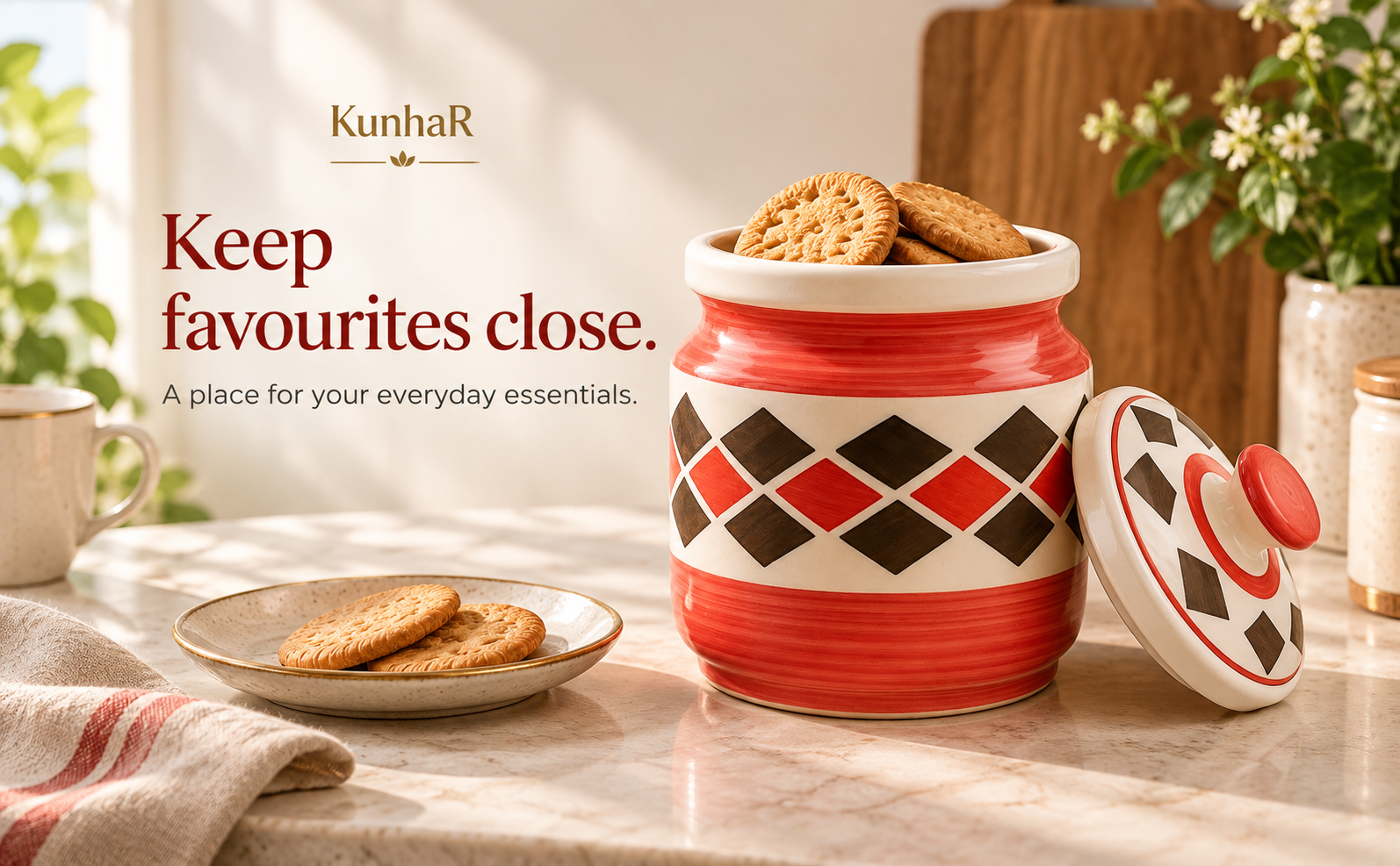 Kunhar Ceramic Jars (1000 ML) – Handcrafted Multipurpose Barni with Lid for Pickle, Chutney, Spices, Salt, Sugar – Kitchen Storage Containers, Red Brick — store
