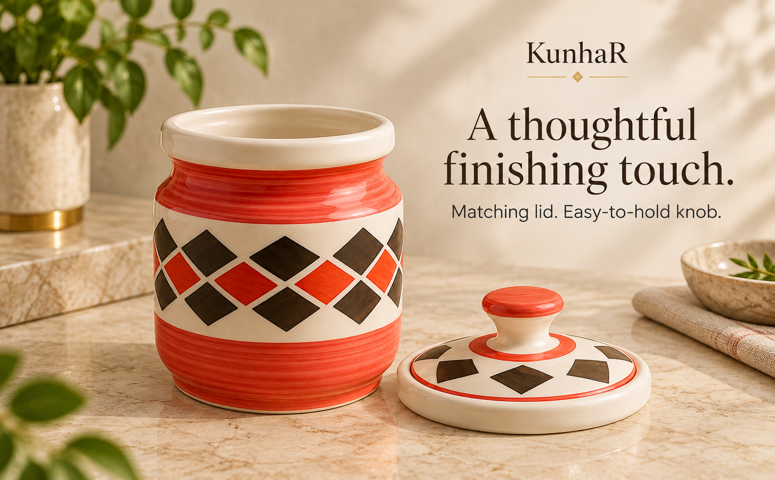 Kunhar Ceramic Jars (1000 ML) – Handcrafted Multipurpose Barni with Lid for Pickle, Chutney, Spices, Salt, Sugar – Kitchen Storage Containers, Red Brick — form