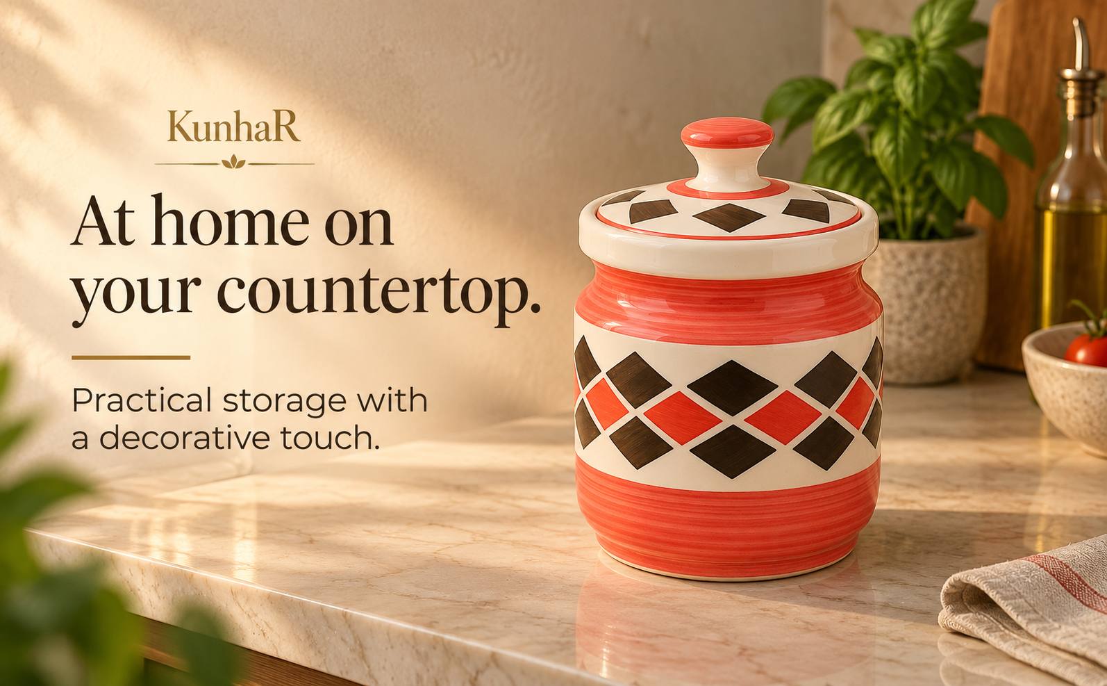 Kunhar Ceramic Jars (1000 ML) – Handcrafted Multipurpose Barni with Lid for Pickle, Chutney, Spices, Salt, Sugar – Kitchen Storage Containers, Red Brick — home