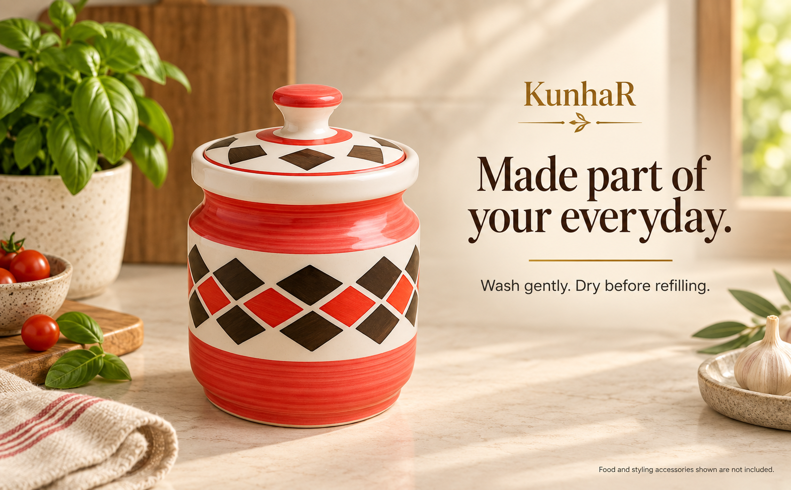 Kunhar Ceramic Jars (1000 ML) – Handcrafted Multipurpose Barni with Lid for Pickle, Chutney, Spices, Salt, Sugar – Kitchen Storage Containers, Red Brick — care