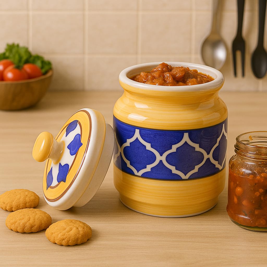 Kunhar Ceramic Barni Yellow & Blue 1000ml Set of 2 with Lid | Handcrafted Pickle Jar | Storage Jar for Spices, Chutney, Achar, Salt, Sugar - Image 2