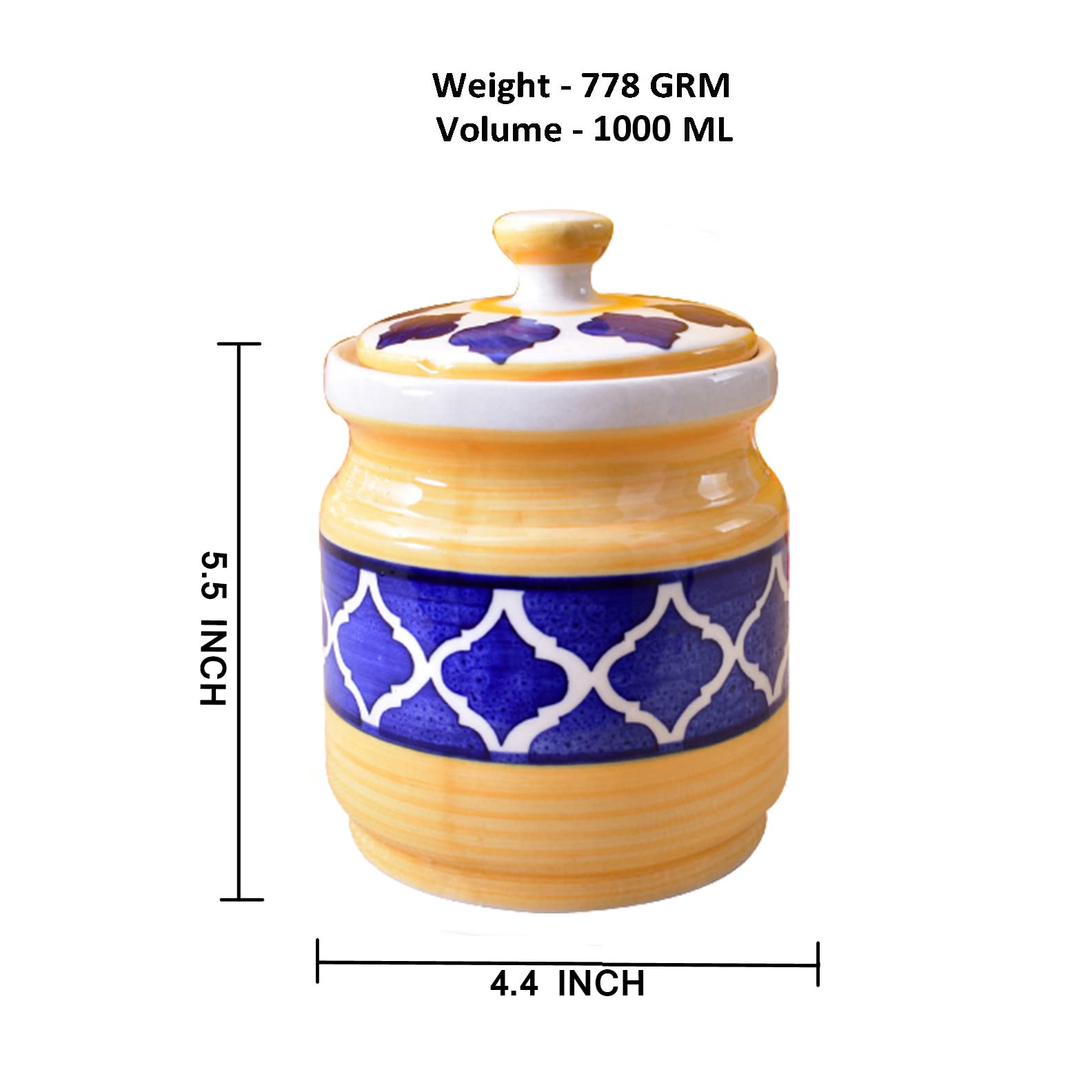 Kunhar Ceramic Barni Yellow & Blue 1000ml Set of 2 with Lid | Handcrafted Pickle Jar | Storage Jar for Spices, Chutney, Achar, Salt, Sugar - Image 3