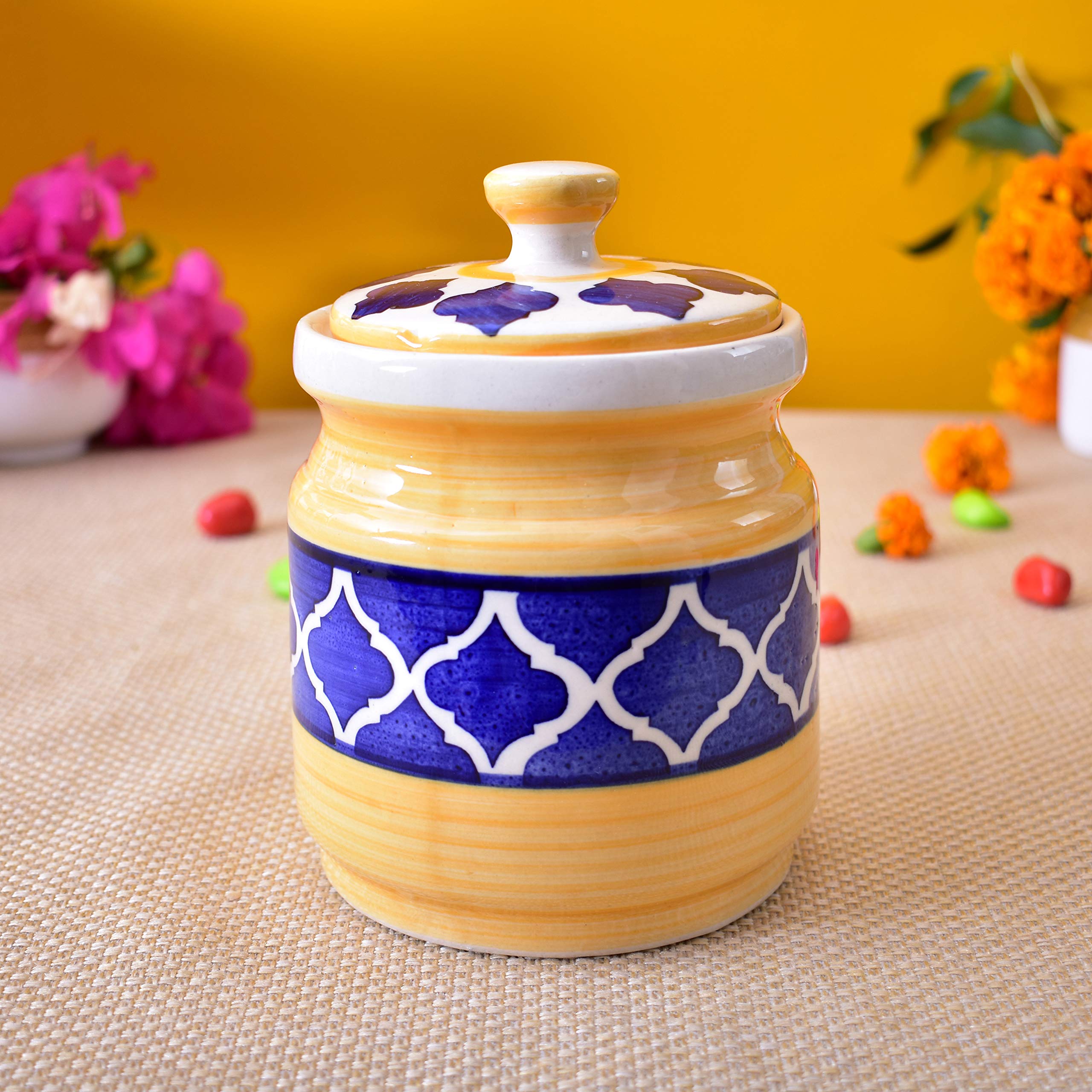 Kunhar Ceramic Barni Yellow & Blue 1000ml Set of 2 with Lid | Handcrafted Pickle Jar | Storage Jar for Spices, Chutney, Achar, Salt, Sugar - Image 4