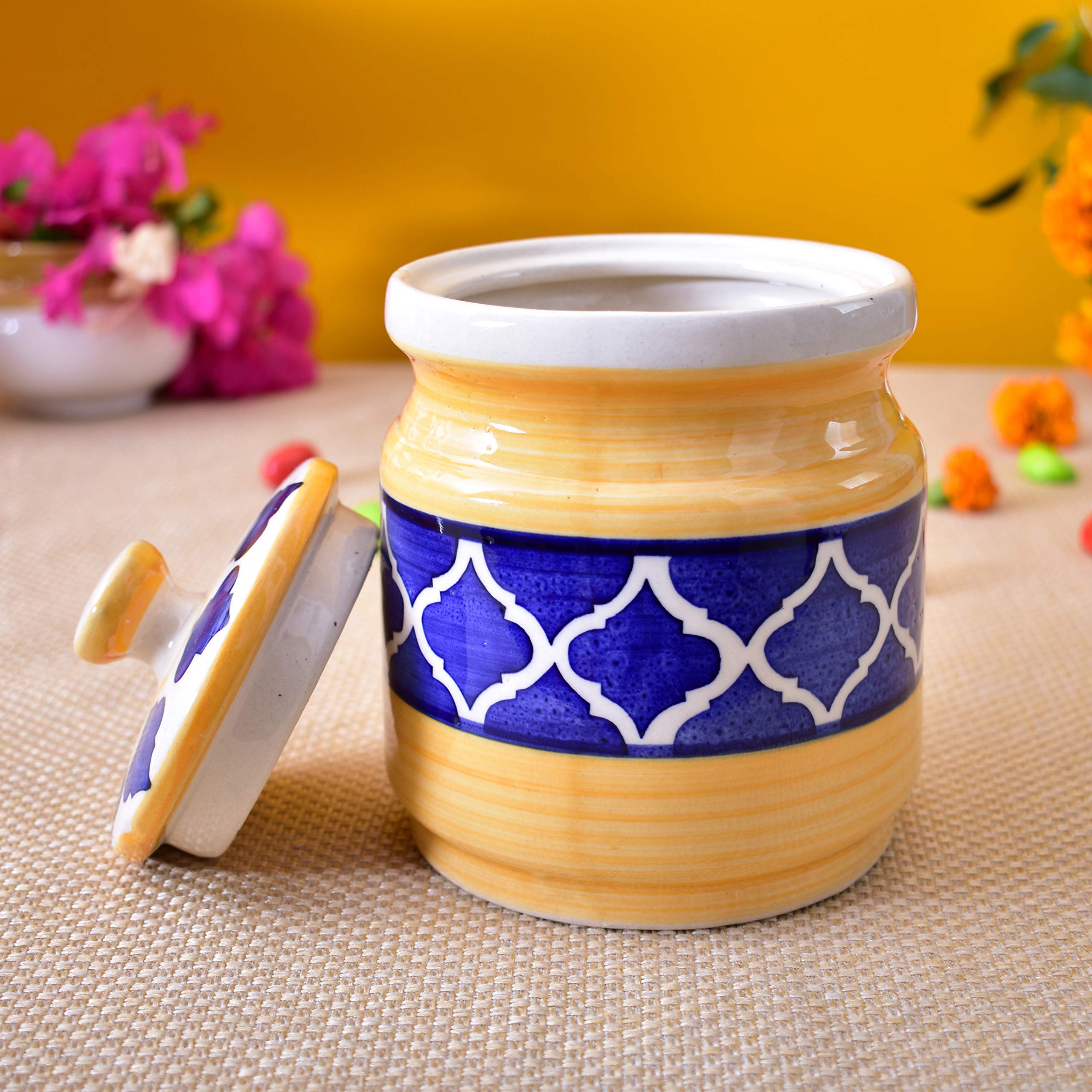 Kunhar Ceramic Barni Yellow & Blue 1000ml Set of 2 with Lid | Handcrafted Pickle Jar | Storage Jar for Spices, Chutney, Achar, Salt, Sugar - Image 5