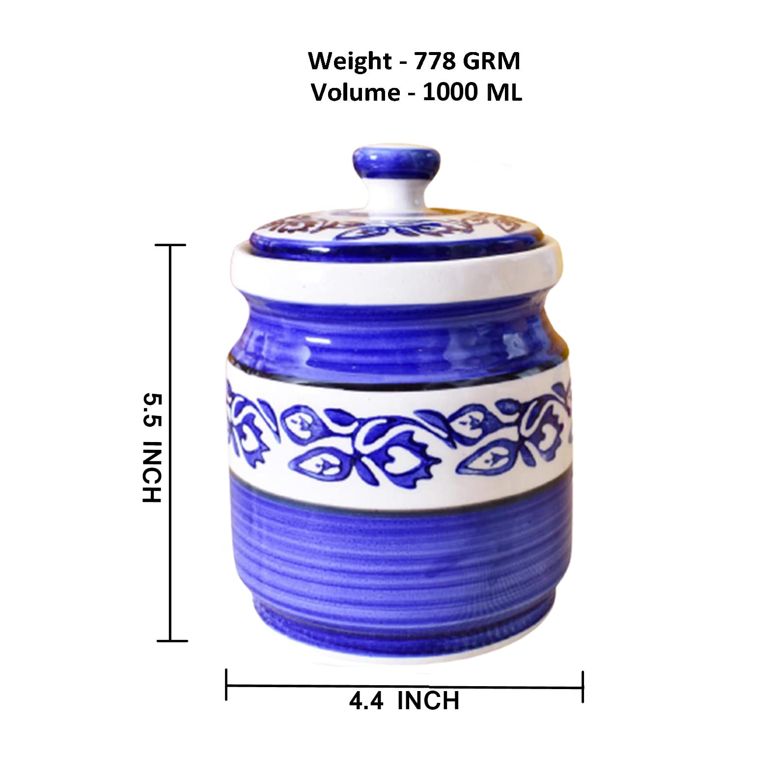 Kunhar Ceramic Barni Blue Vine 1000ml Set of 2 with Lid | Handcrafted Pickle Jar | Storage Jar for Spices, Chutney, Achar, Salt, Sugar - Image 2