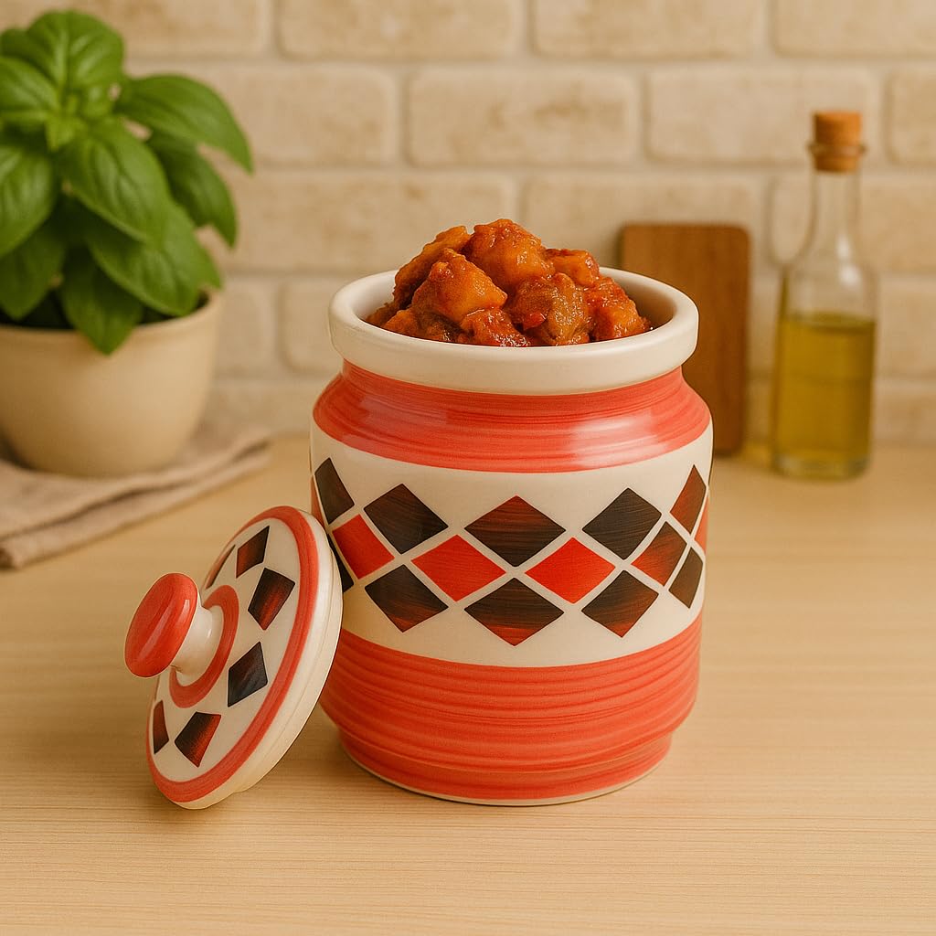Kunhar Ceramic Barni Red Brick 1000ml Set of 2 with Lid | Handcrafted Pickle Jar | Storage Jar for Spices, Chutney, Achar, Salt, Sugar - Image 2