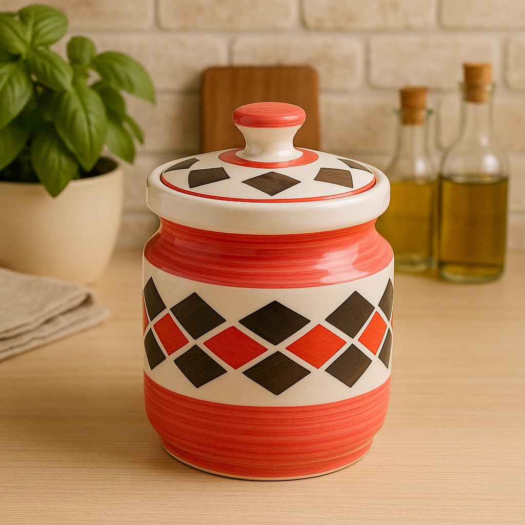 Kunhar Ceramic Barni Red Brick 1000ml Set of 2 with Lid | Handcrafted Pickle Jar | Storage Jar for Spices, Chutney, Achar, Salt, Sugar - Image 3