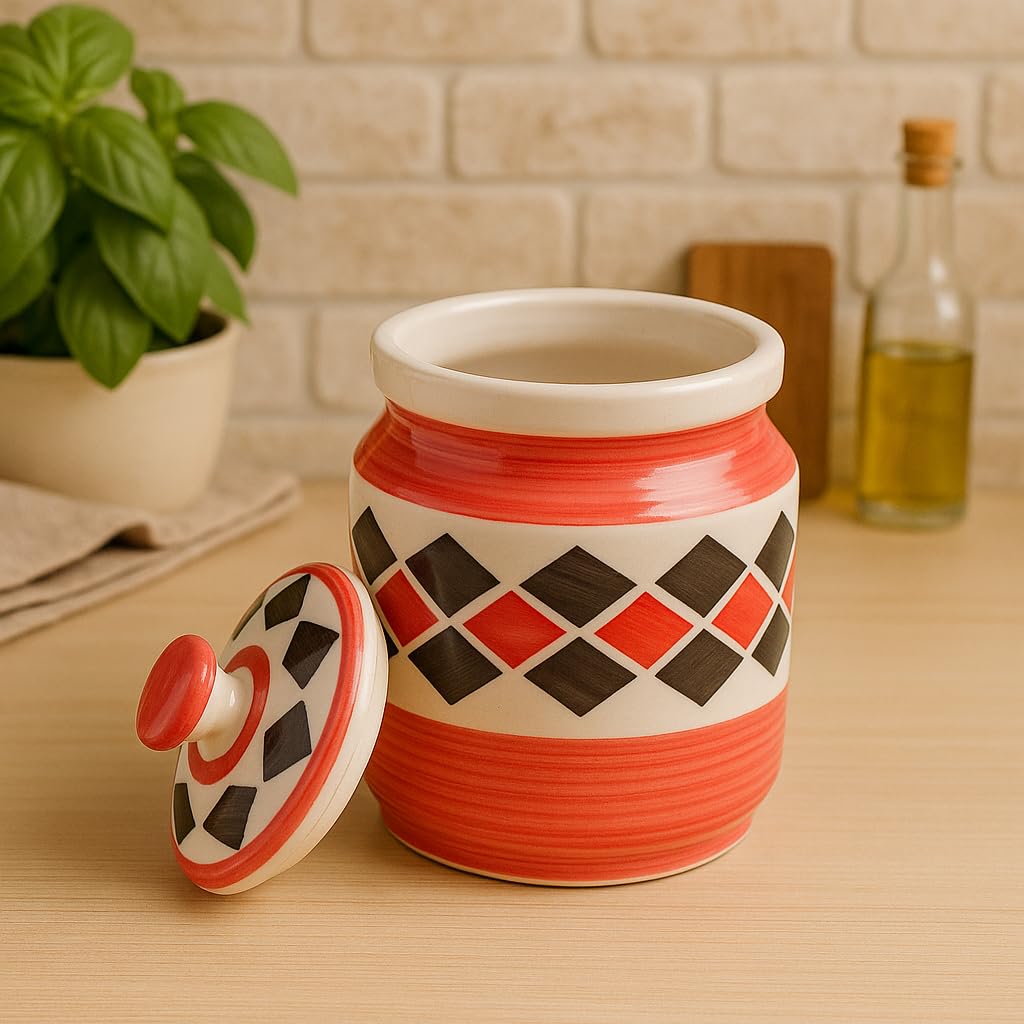 Kunhar Ceramic Barni Red Brick 1000ml Set of 2 with Lid | Handcrafted Pickle Jar | Storage Jar for Spices, Chutney, Achar, Salt, Sugar - Image 4