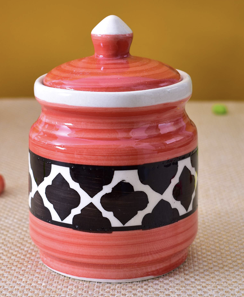 Kunhar Ceramic Jars Set of 2 (600ML Each) – Handcrafted Multipurpose Barni with Lid for Pickle, Chutney, Spices, Salt, Sugar – Kitchen Storage Containers, Red Black — primary product image