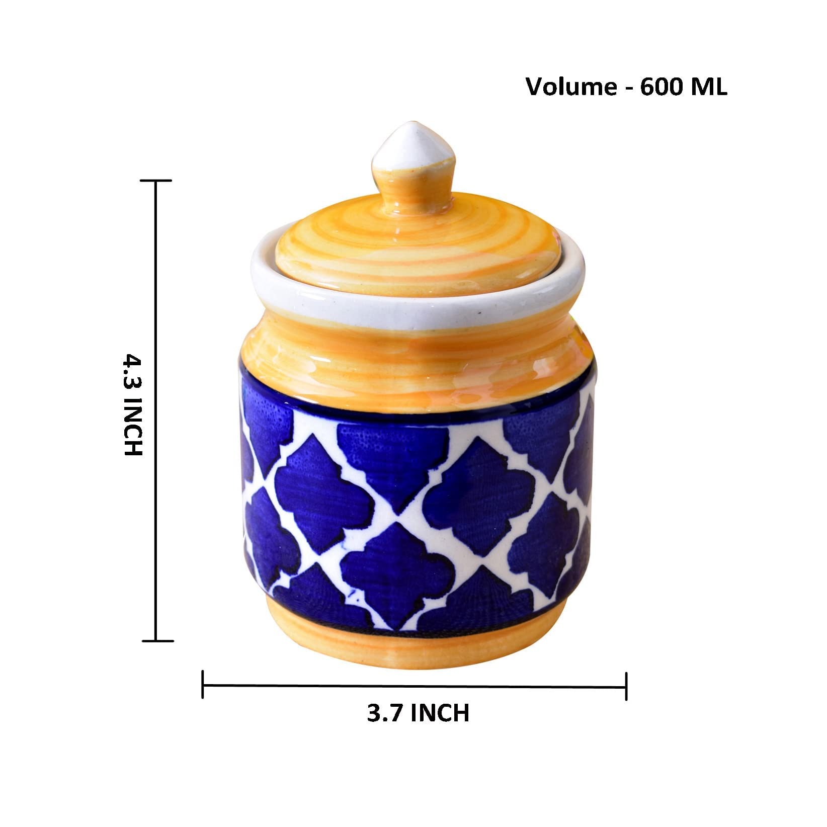 Kunhar Ceramic Jars Set of 2 (600ML Each) – Handcrafted Multipurpose Barni with Lid for Pickle, Chutney, Spices, Salt, Sugar – Kitchen Storage Containers, Yellow Blue - Image 2