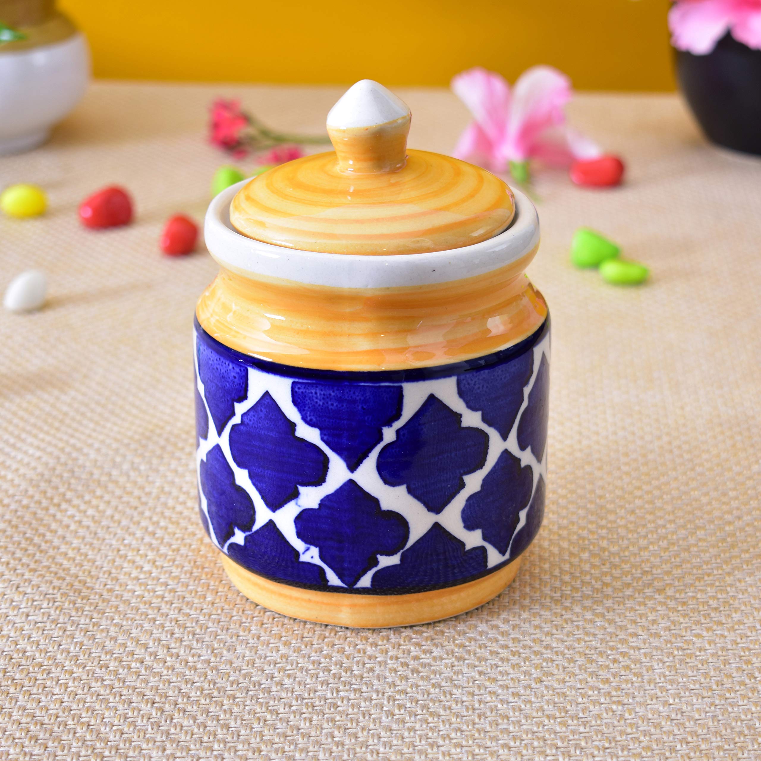 Kunhar Ceramic Jars Set of 2 (600ML Each) – Handcrafted Multipurpose Barni with Lid for Pickle, Chutney, Spices, Salt, Sugar – Kitchen Storage Containers, Yellow Blue - Image 3