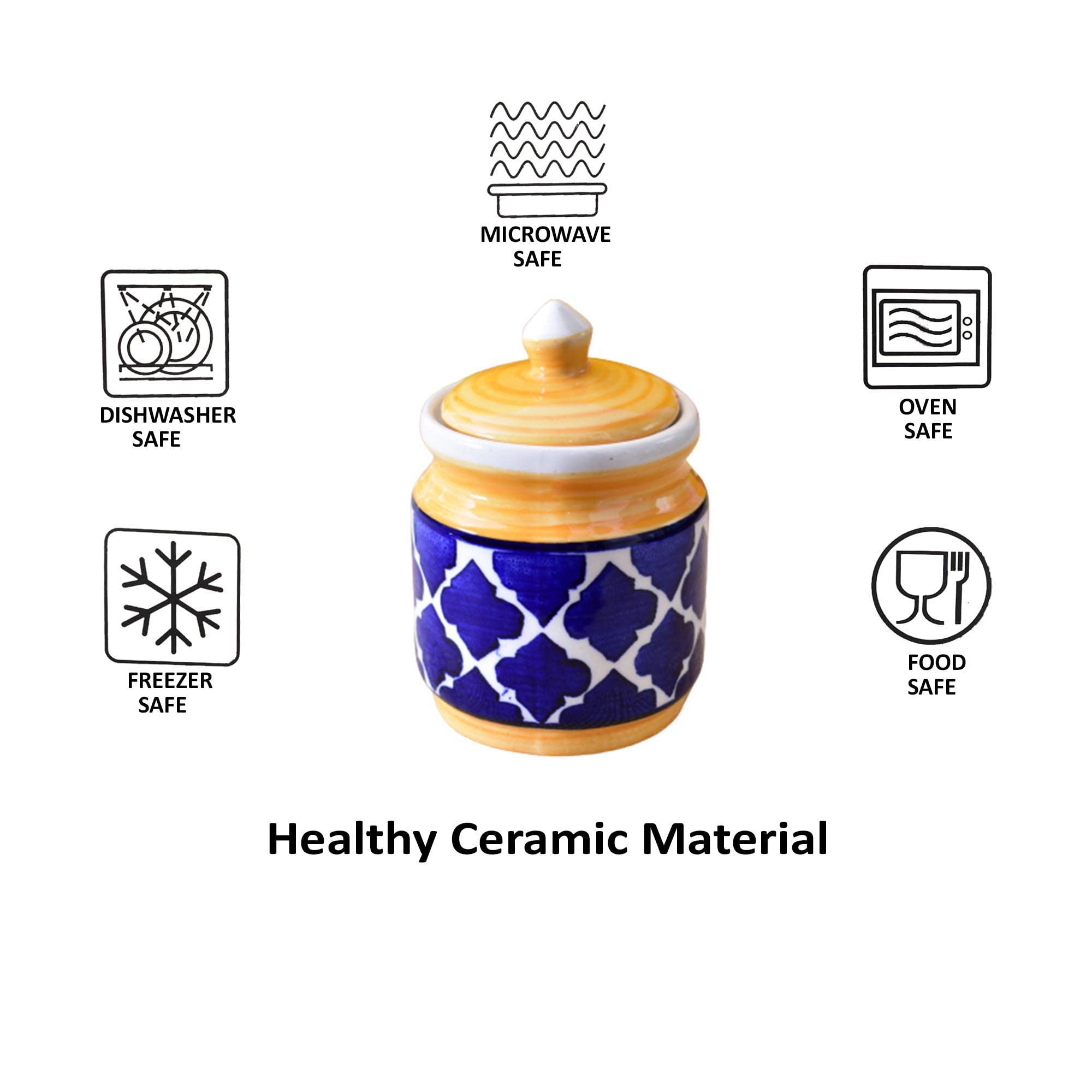 Kunhar Ceramic Jars Set of 2 (600ML Each) – Handcrafted Multipurpose Barni with Lid for Pickle, Chutney, Spices, Salt, Sugar – Kitchen Storage Containers, Yellow Blue - Image 5