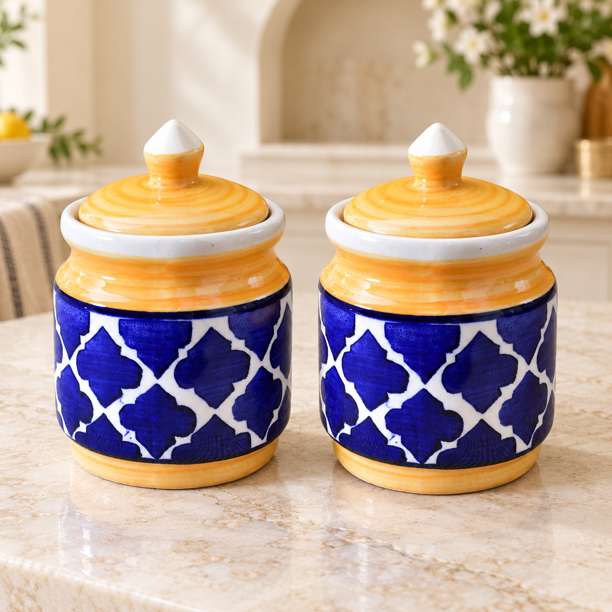 Kunhar Ceramic Jars Set of 2 (600ML Each) – Handcrafted Multipurpose Barni with Lid for Pickle, Chutney, Spices, Salt, Sugar – Kitchen Storage Containers, Yellow Blue