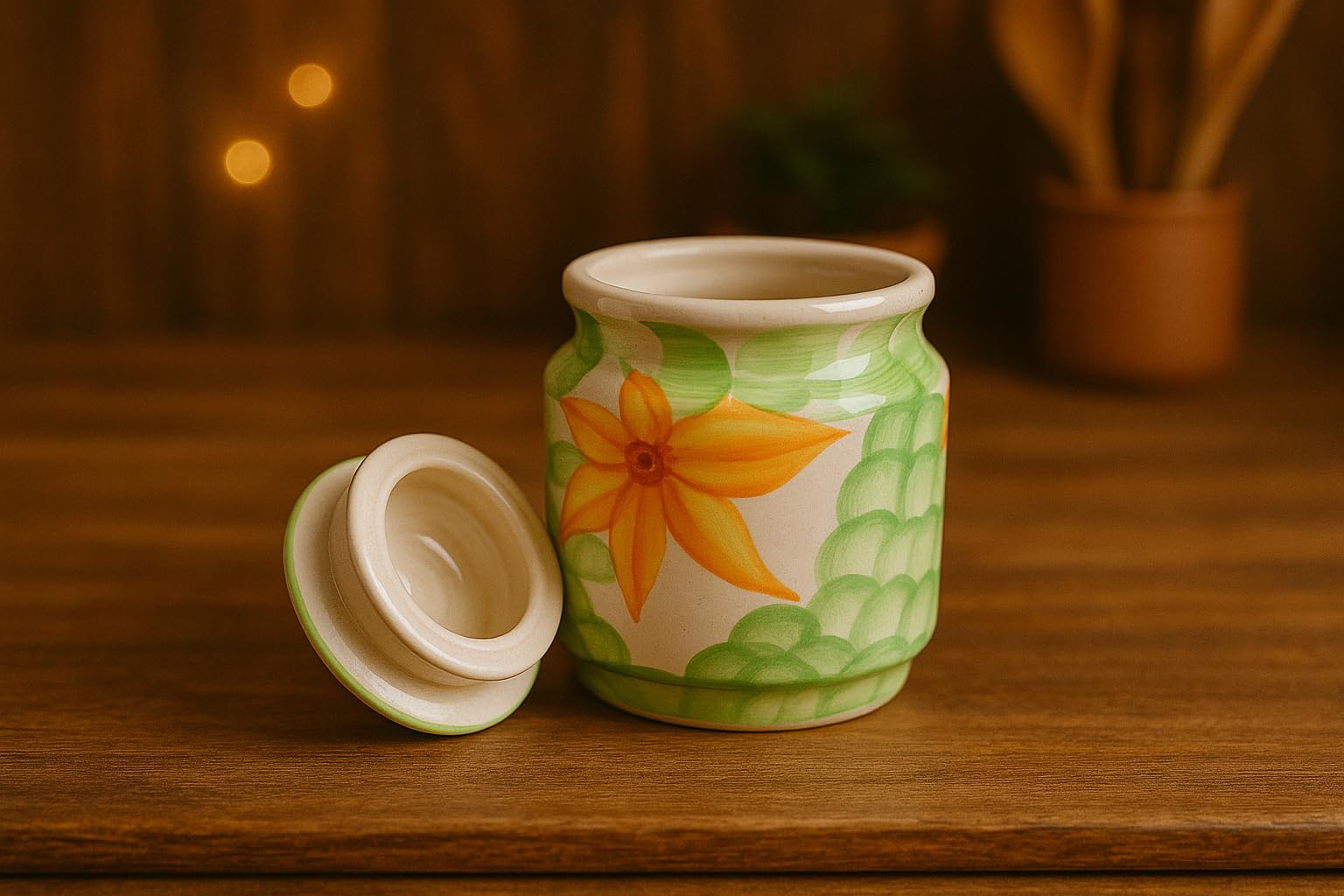 Kunhar Ceramic Jars Set of 2 (600ML Each) – Handcrafted Multipurpose Barni with Lid for Pickle, Chutney, Spices, Salt, Sugar – Kitchen Storage Containers, Green - Image 4