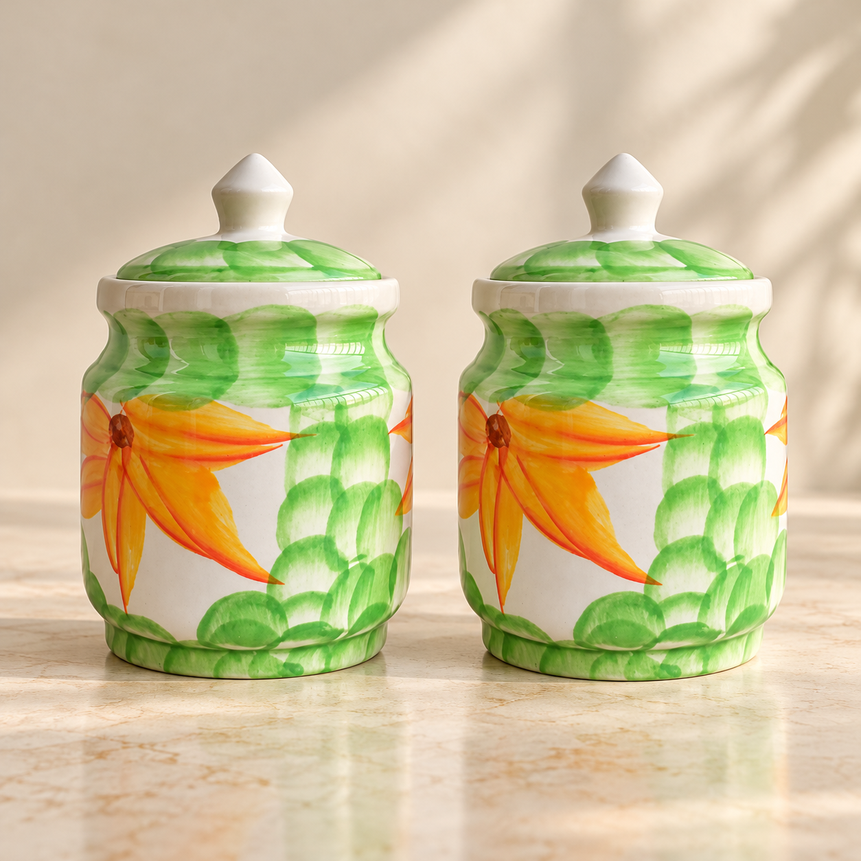 Kunhar Ceramic Jars Set of 2 (600ML Each) – Handcrafted Multipurpose Barni with Lid for Pickle, Chutney, Spices, Salt, Sugar – Kitchen Storage Containers, Green