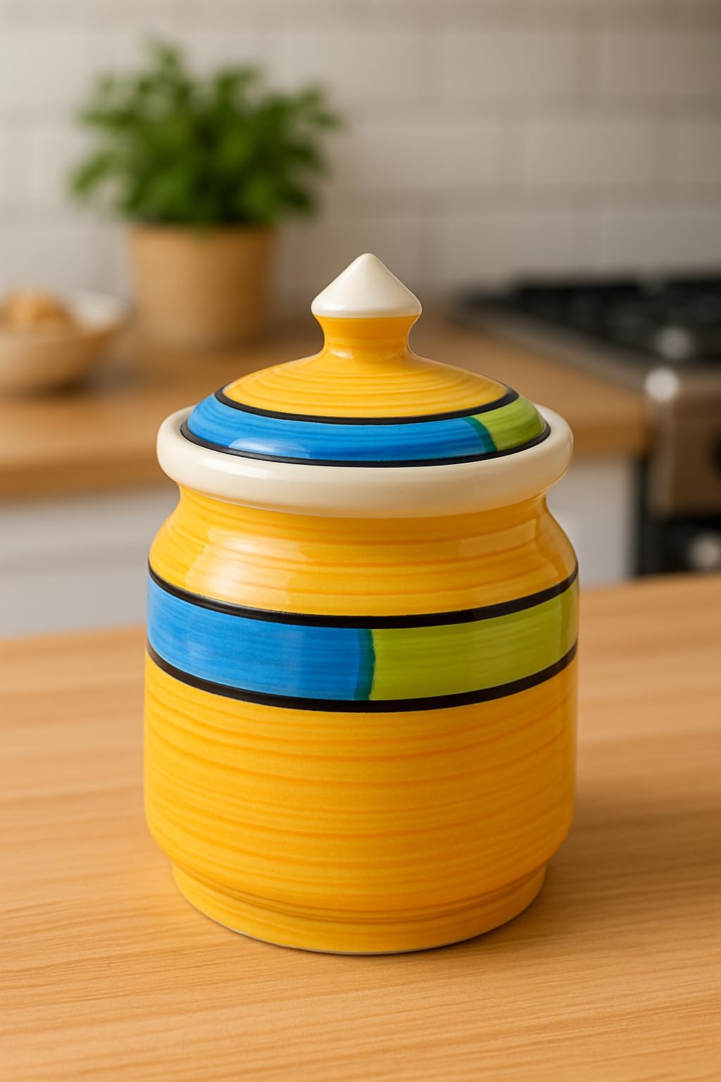 Kunhar Ceramic Jars Set of 2 (600ML Each) – Handcrafted Multipurpose Barni with Lid for Pickle, Chutney, Spices, Salt, Sugar – Kitchen Storage Containers, Yellow