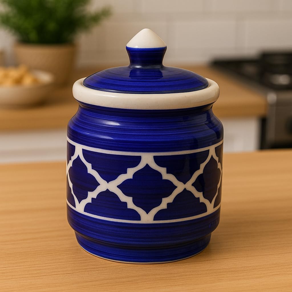 Kunhar Ceramic Jars Set of 2 (600ML Each) – Handcrafted Multipurpose Barni with Lid for Pickle, Chutney, Spices, Salt, Sugar – Kitchen Storage Containers, Blue - Image 3
