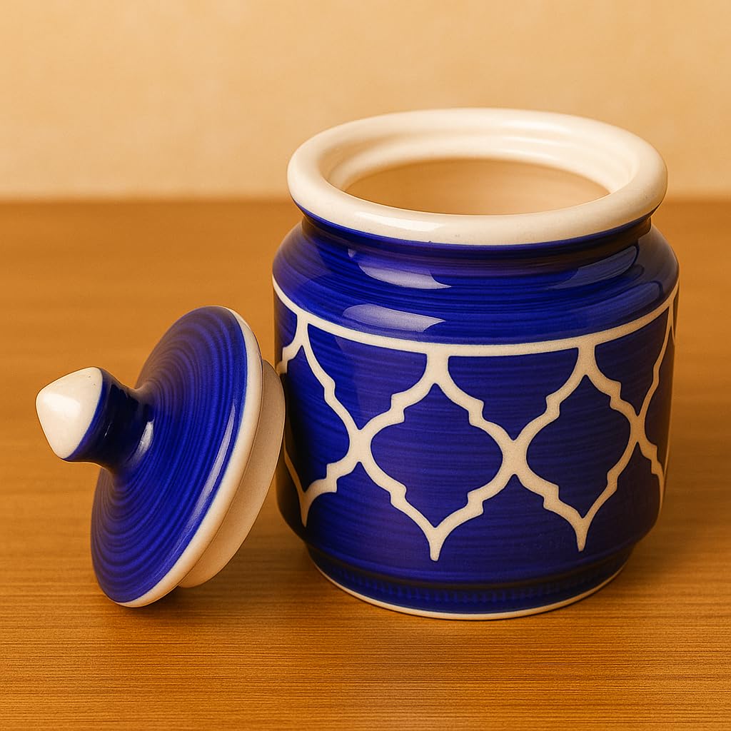 Kunhar Ceramic Jars Set of 2 (600ML Each) – Handcrafted Multipurpose Barni with Lid for Pickle, Chutney, Spices, Salt, Sugar – Kitchen Storage Containers, Blue - Image 4