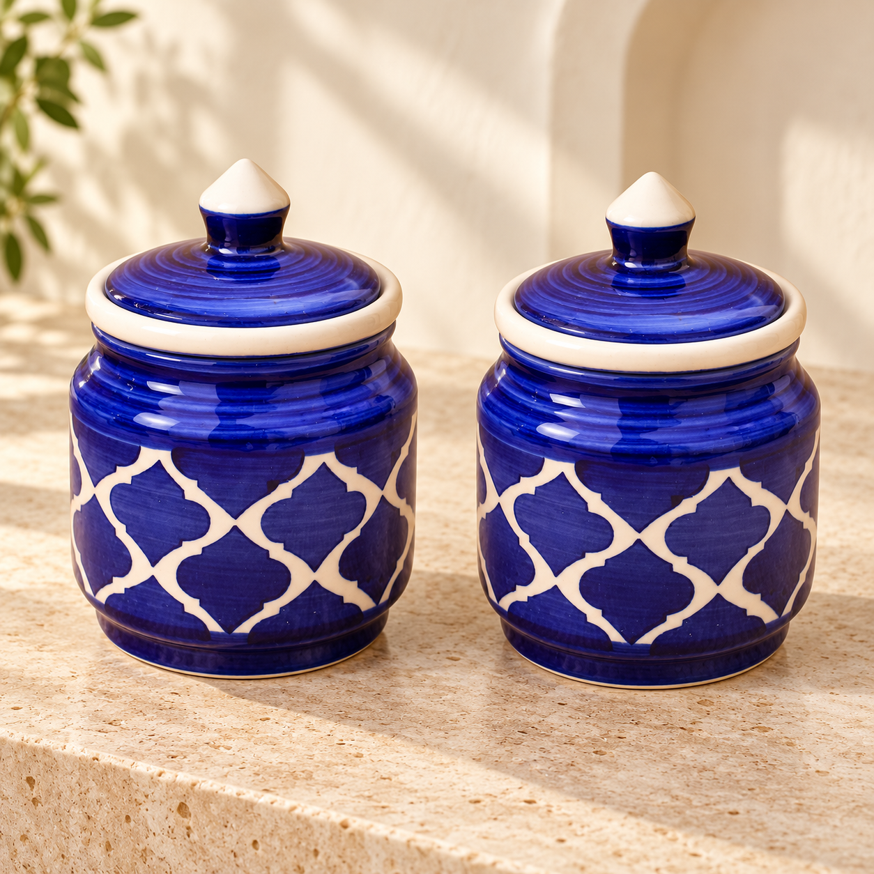 Kunhar Ceramic Jars Set of 2 (600ML Each) – Handcrafted Multipurpose Barni with Lid for Pickle, Chutney, Spices, Salt, Sugar – Kitchen Storage Containers, Blue