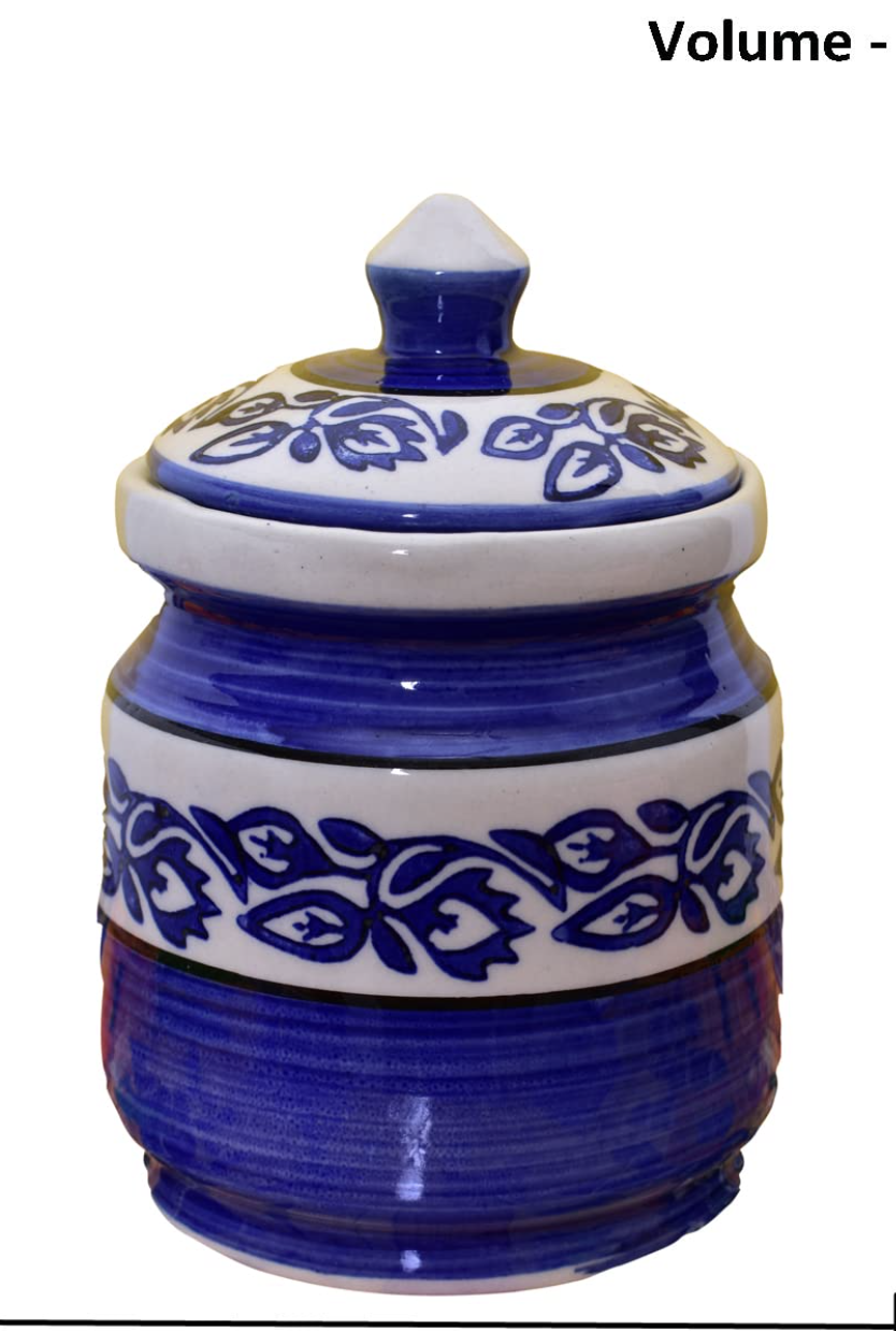Kunhar Ceramic Jars Set of 2 600ML Each Handcrafted Multipurpose Barni Lid Pickle Chutney Spices Salt Sugar Kitchen Storage Containers Blue Vine