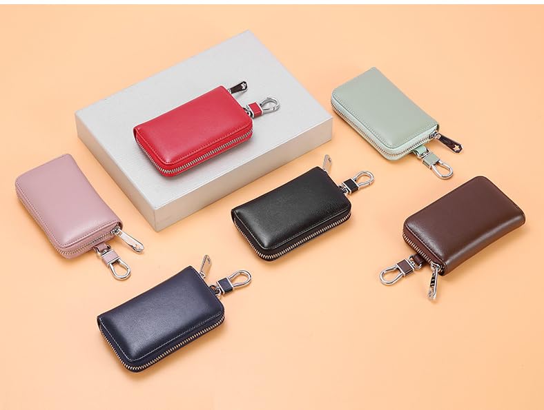Kunhar Car Key Case, Universal PU Leather Key Fob Cover Case, Smart Car Key Holder Protection Bag with Holder Metal Hook and Keyring Zipper, 1 Piece, Brownish Red (C3) - Image 2