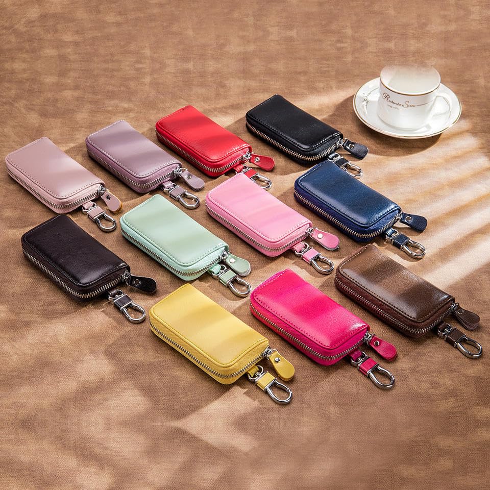 Kunhar Car Key Case, Universal PU Leather Key Fob Cover Case, Smart Car Key Holder Protection Bag with Holder Metal Hook and Keyring Zipper, 1 Piece, Brownish Red (C3) - Image 3