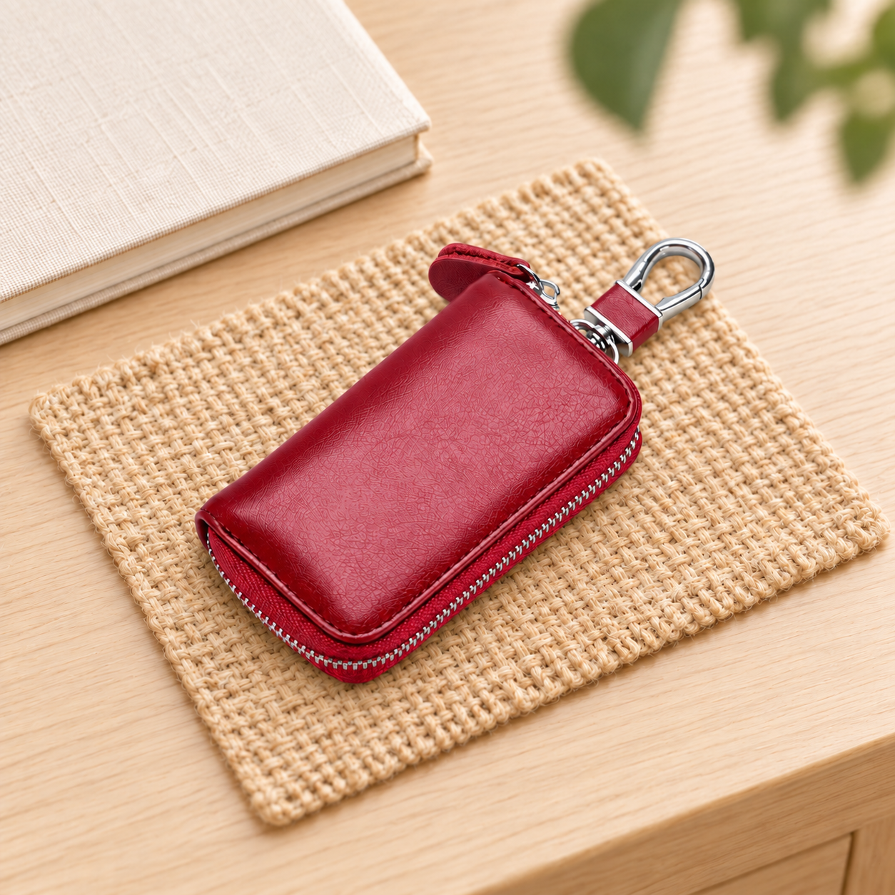 Kunhar Car Key Case, Universal PU Leather Key Fob Cover Case, Smart Car Key Holder Protection Bag with Holder Metal Hook and Keyring Zipper, 1 Piece, Brownish Red (C3)