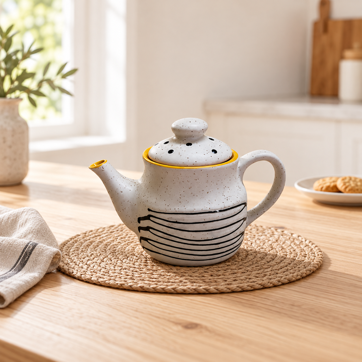 KunhaR Ceramic Teapot - 1 Piece, White Matt-Yellow, 650 ml