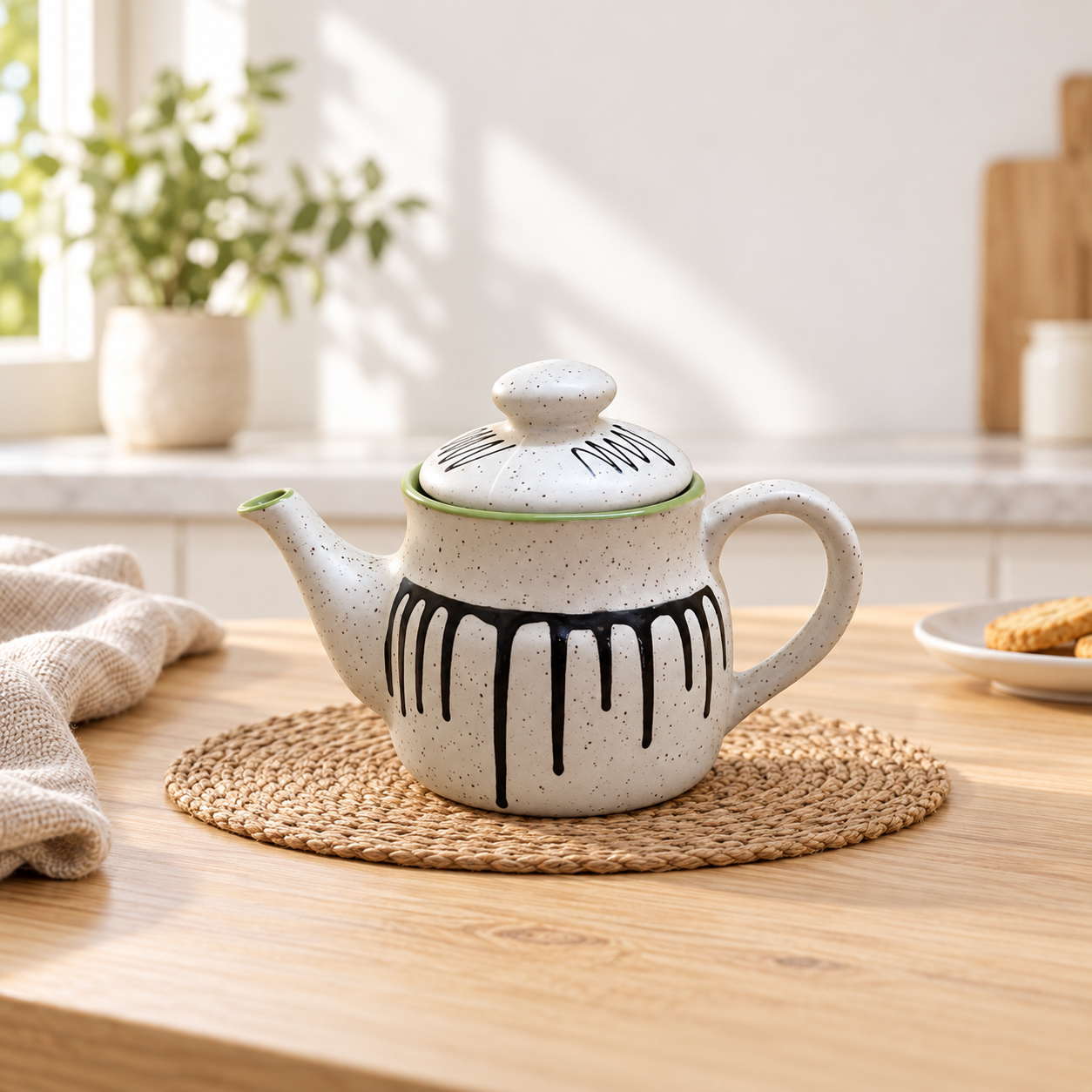 KunhaR Ceramic Teapot 650ML White Matt Green – Durable 1 Piece Tea Coffee Pot for Kitchen and Dining